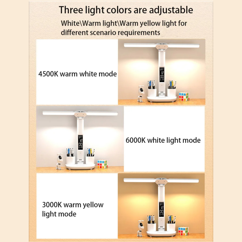 Lampe de bureau LED Lampe de Table USB Double Tête Dimmable Luminosité avec Porte Stylo, Écran Heure/Calendrier/température - 4