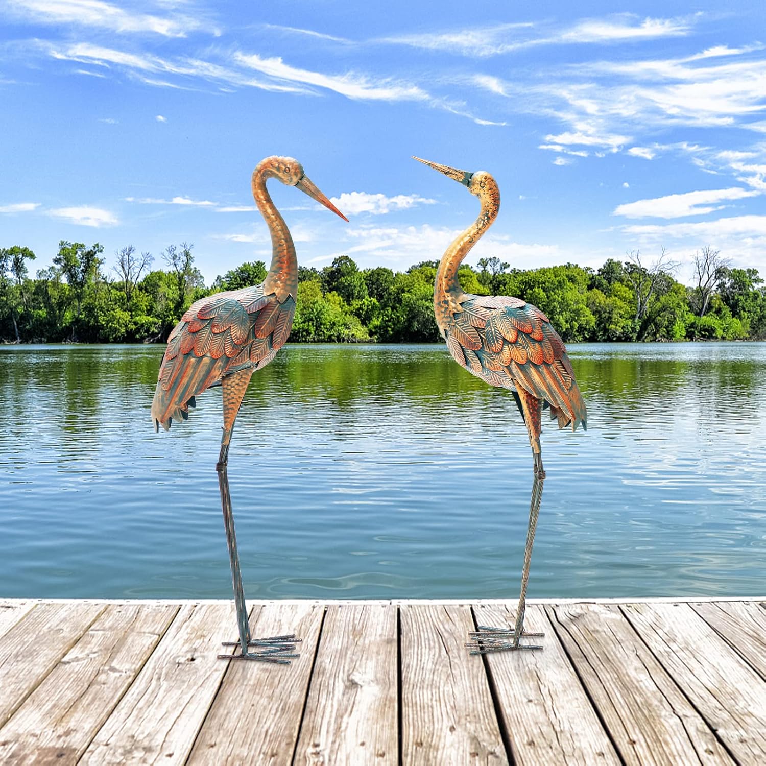 Statue de Grue Debout Lot de 2 pour Jardin Cadre en Métal Imperméable, Sculptures Extérieure Plumes de Couleur Dégradée Animaux Realiste - 3
