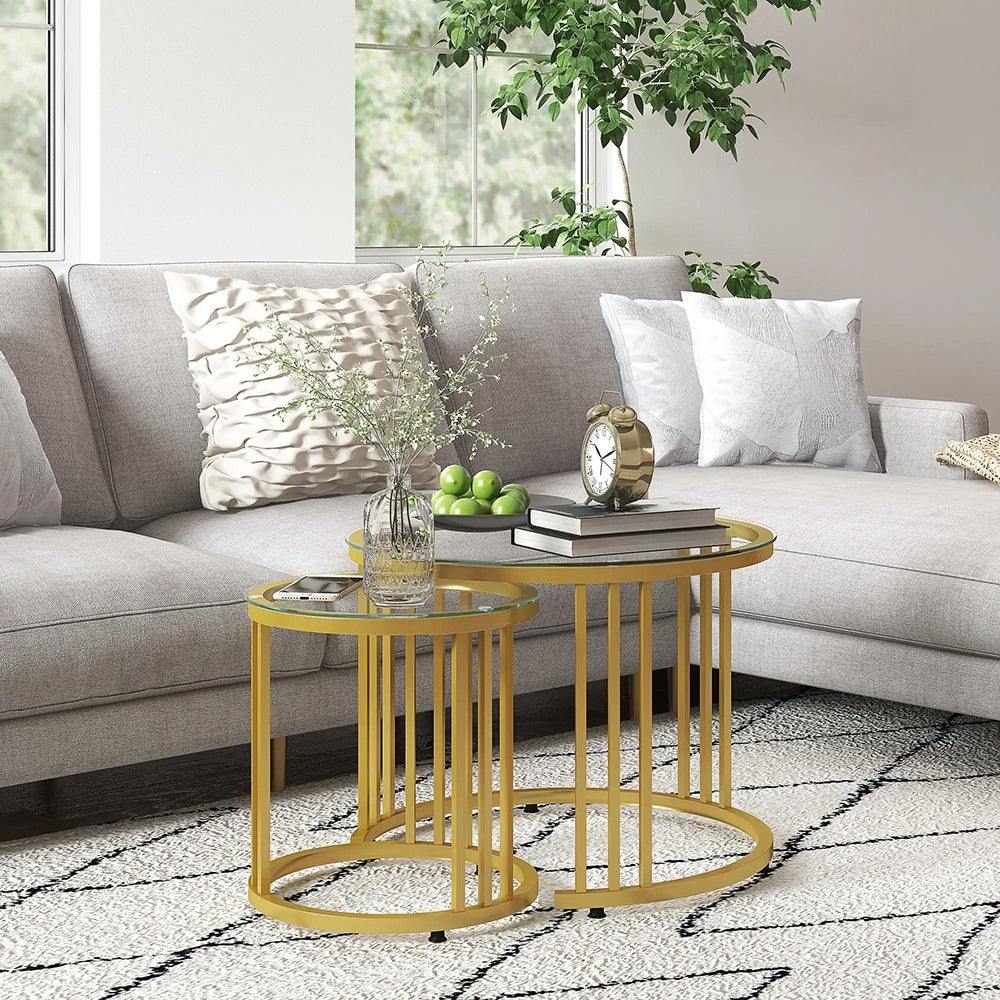 Lot De 2 Tables Basses Rondes Empilables GrandCA HOME - Plateau Verre Trempé, Pieds Métal Doré - Salon - 7