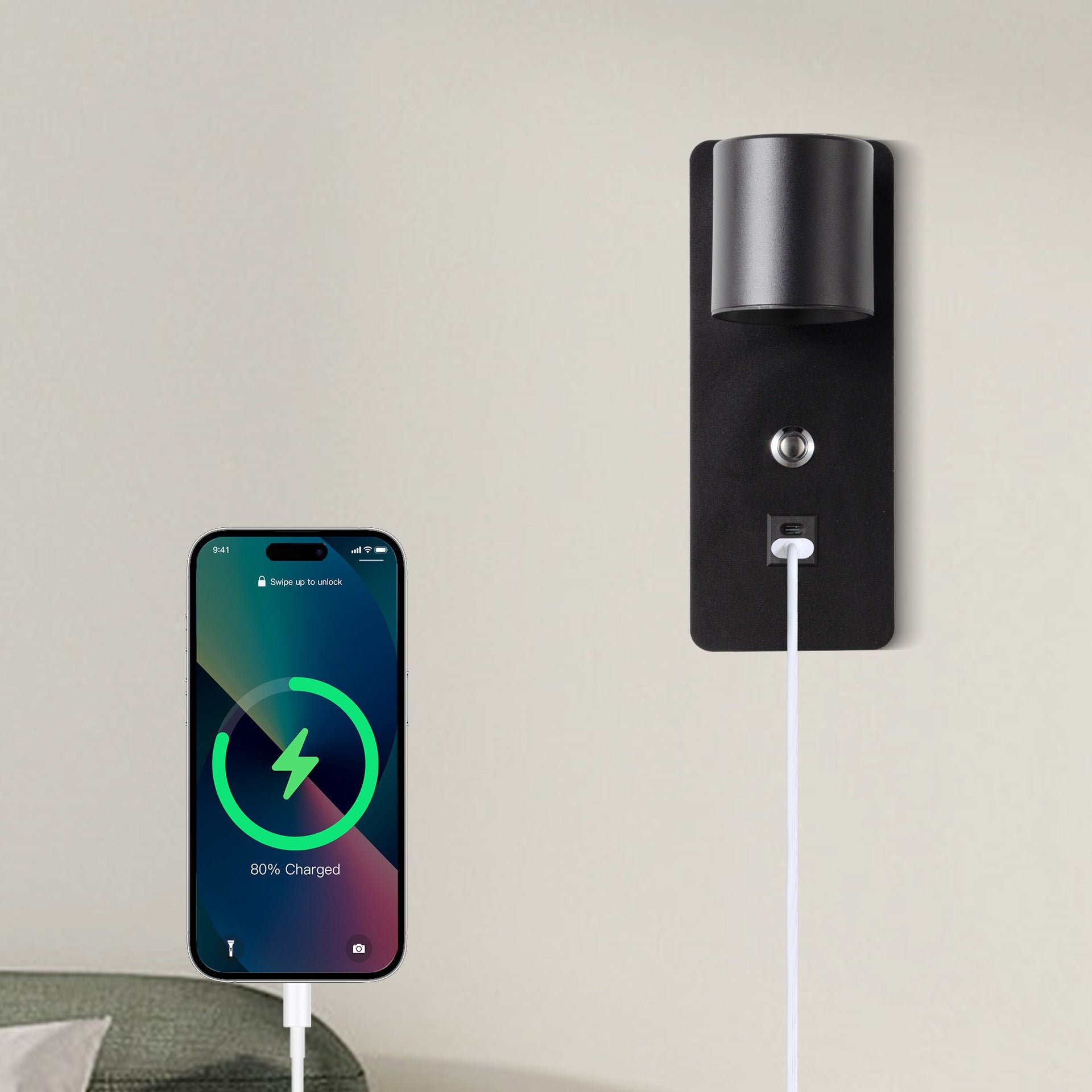 10 W Czarny, regulowany kinkiet LED z regulacją barwy (3000K/4000K/6000K), włącznikiem i portem ładowania USB typu C i A