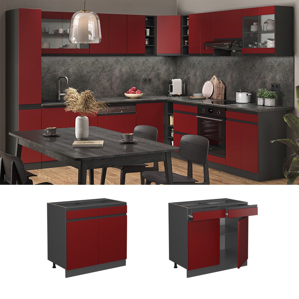Vicco Cucina Vicco Mobiletto Base Per Cucina R-line, Rosso Bordeaux Lucido/Bianco, 80 Cm, PL Rovere Mobile Per Cucina - 10