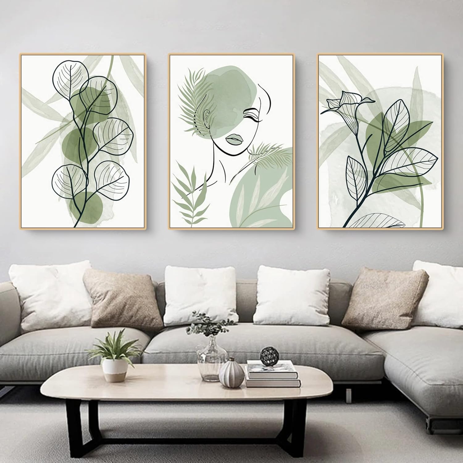 Lot de 3 posters de qualité supérieure - Motif feuilles vertes abstraites - Peinture sur toile - Impression murale Sans cadre - 40 x 50 - 2