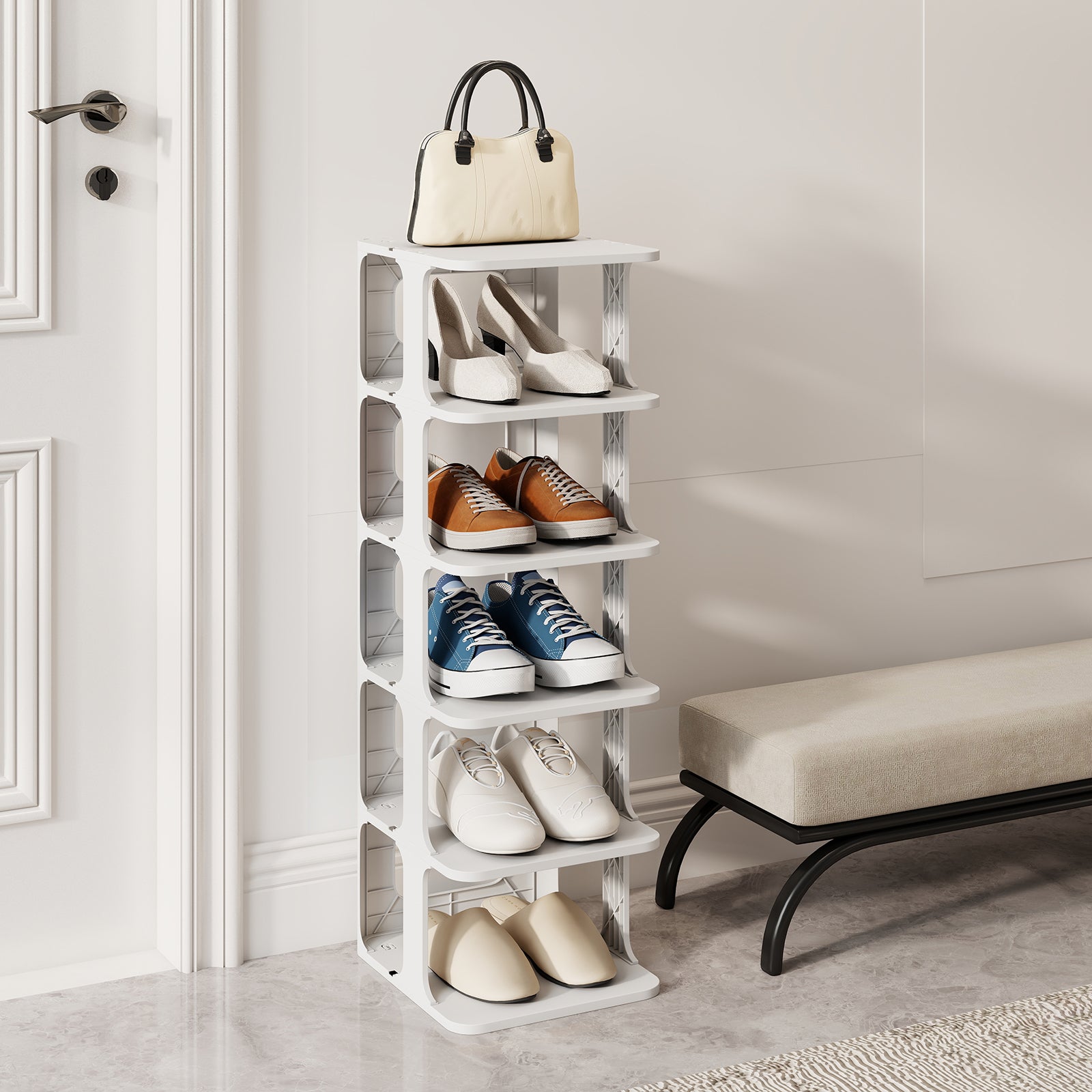 Étagère à Chaussures Empilable à 6 Niveaux , Organiseur de Chaussures Vertical Compact en Plastique, pour Entrée , Montage sans Outil, Blanc - 8