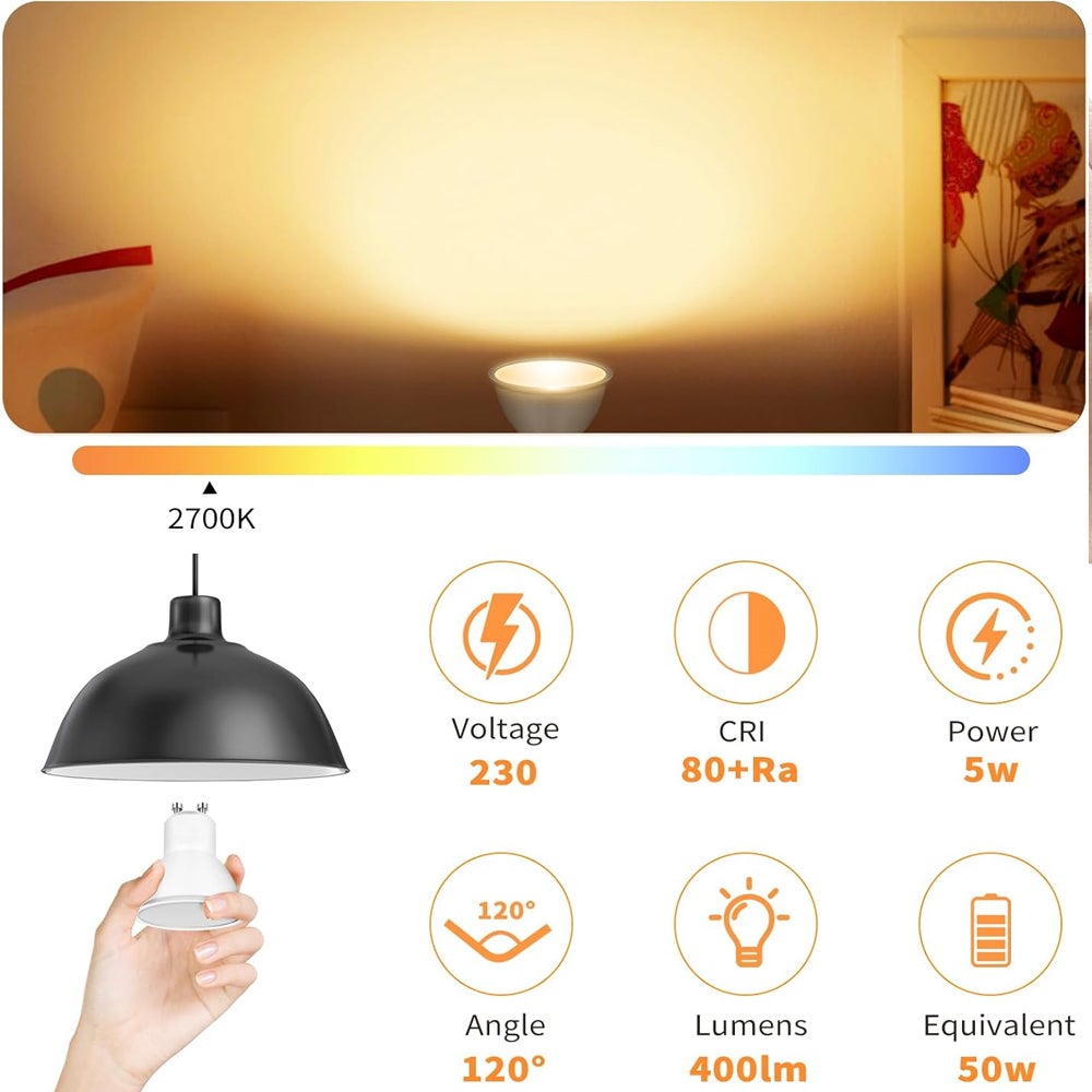 Lot de 12 ampoules LED GU10, équivalent 5 W, 3&nbsp;000 K, 400 lm, angle d'éclairage de 120 °, AC 220-240 V, non dimmable, lumière blanche chaude - 2