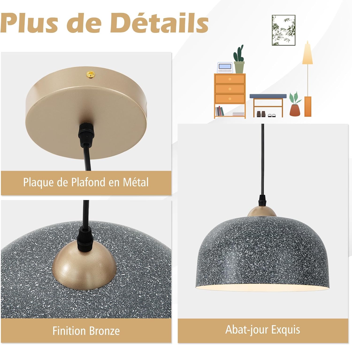 Lampadario a Sospensione, Lampada a Soffitto Appesa con Cavo Regolabile e Attacco E27, Lampadario Moderno per Cucina, Sala da Pranzo, Camera d - 3