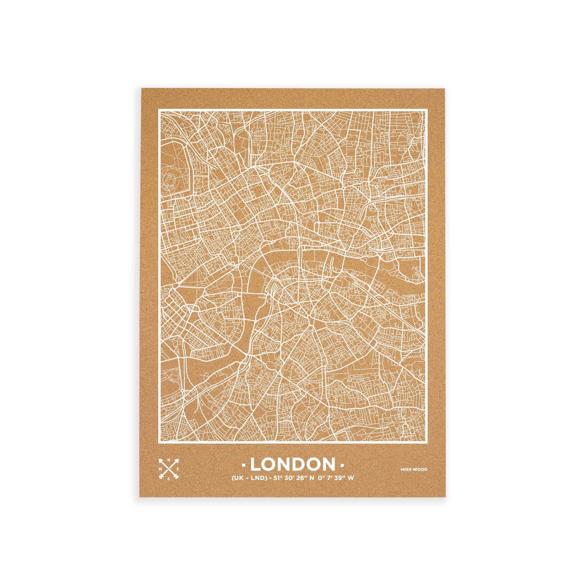 Mapa de corcho - woody map natural londres / 60 x 45 cm / blanco / sin marco