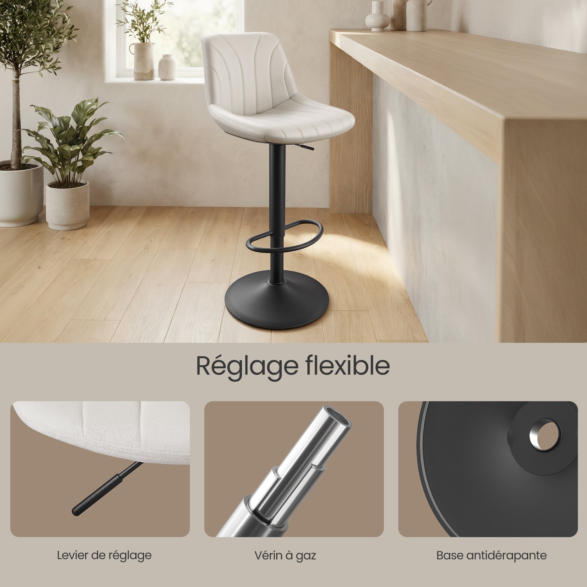 Chaises de Bar Réglables, Tabourets avec Dossier, Rotation 360°, Velours, pour Cuisine, Salle à Manger, Lot de 2, Blanc - 6