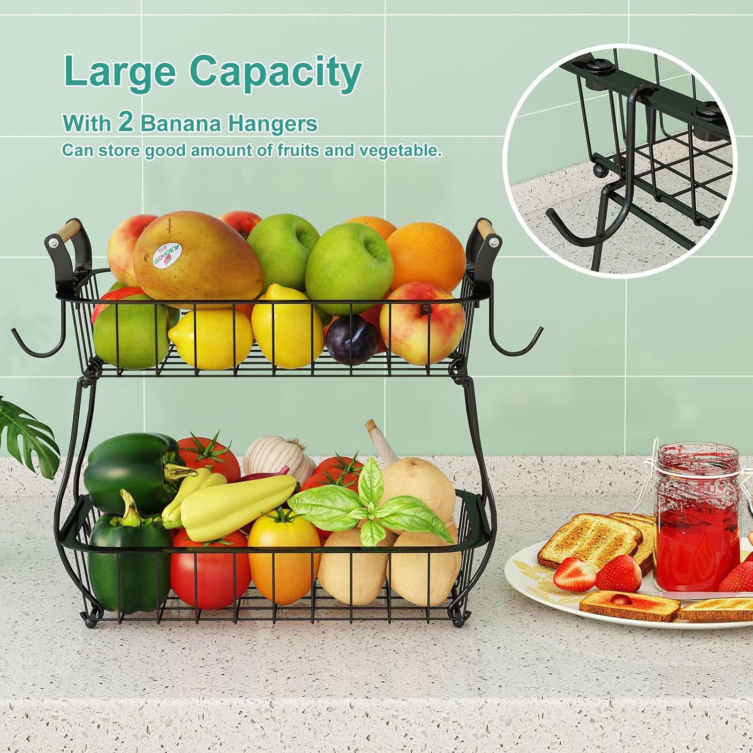 Set 4 cesti frutta 2 piani con supporto per banane, organizer metallico per frutta e verdura, ideale per cucina e conservazione - 4