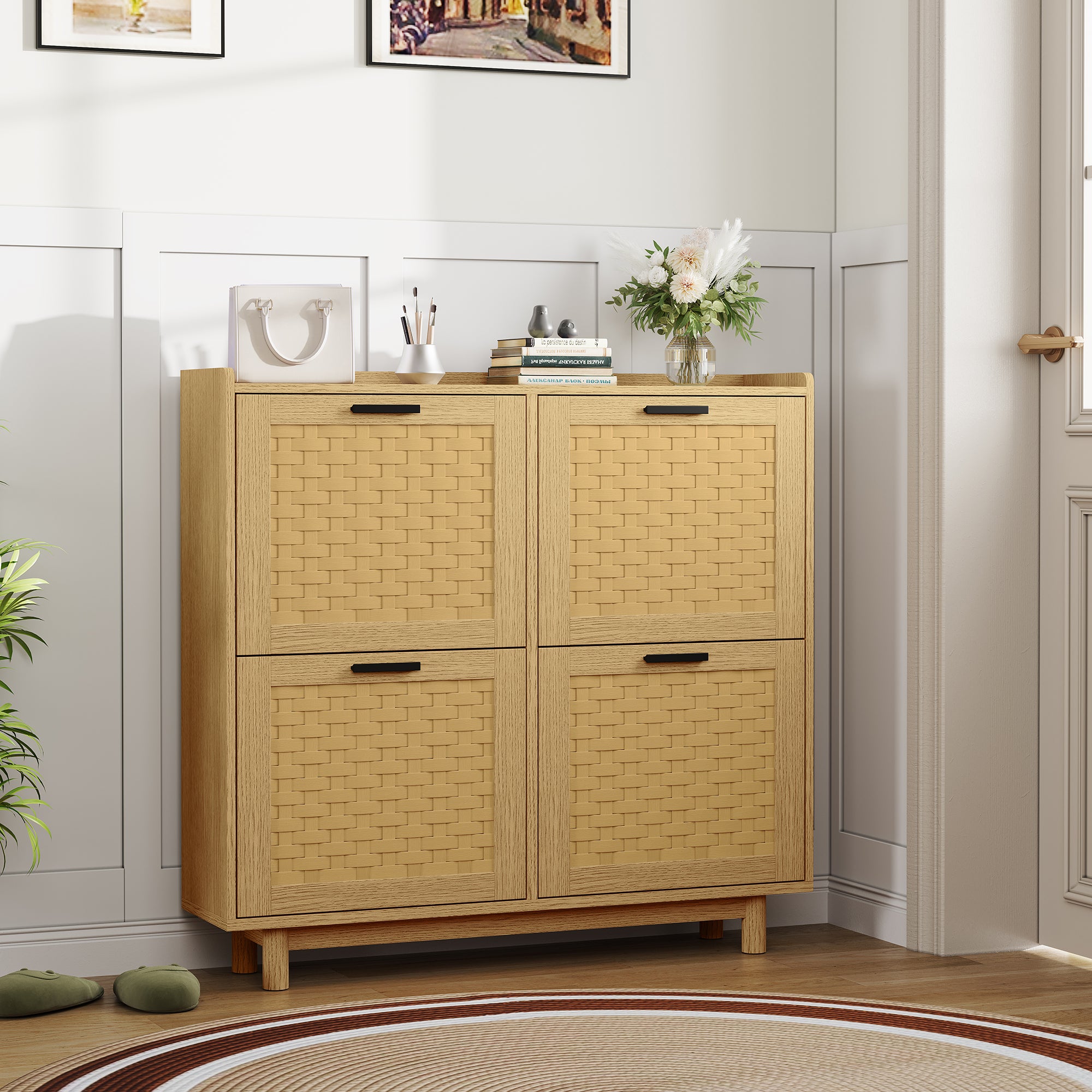 KEFSR Meuble à Chaussures avec 4 Portes,Étagère à Chaussures,Étagère à Chaussures Réglable,Rangement à Chaussures en Rotin,100x24x95cm(Chêne) - 9