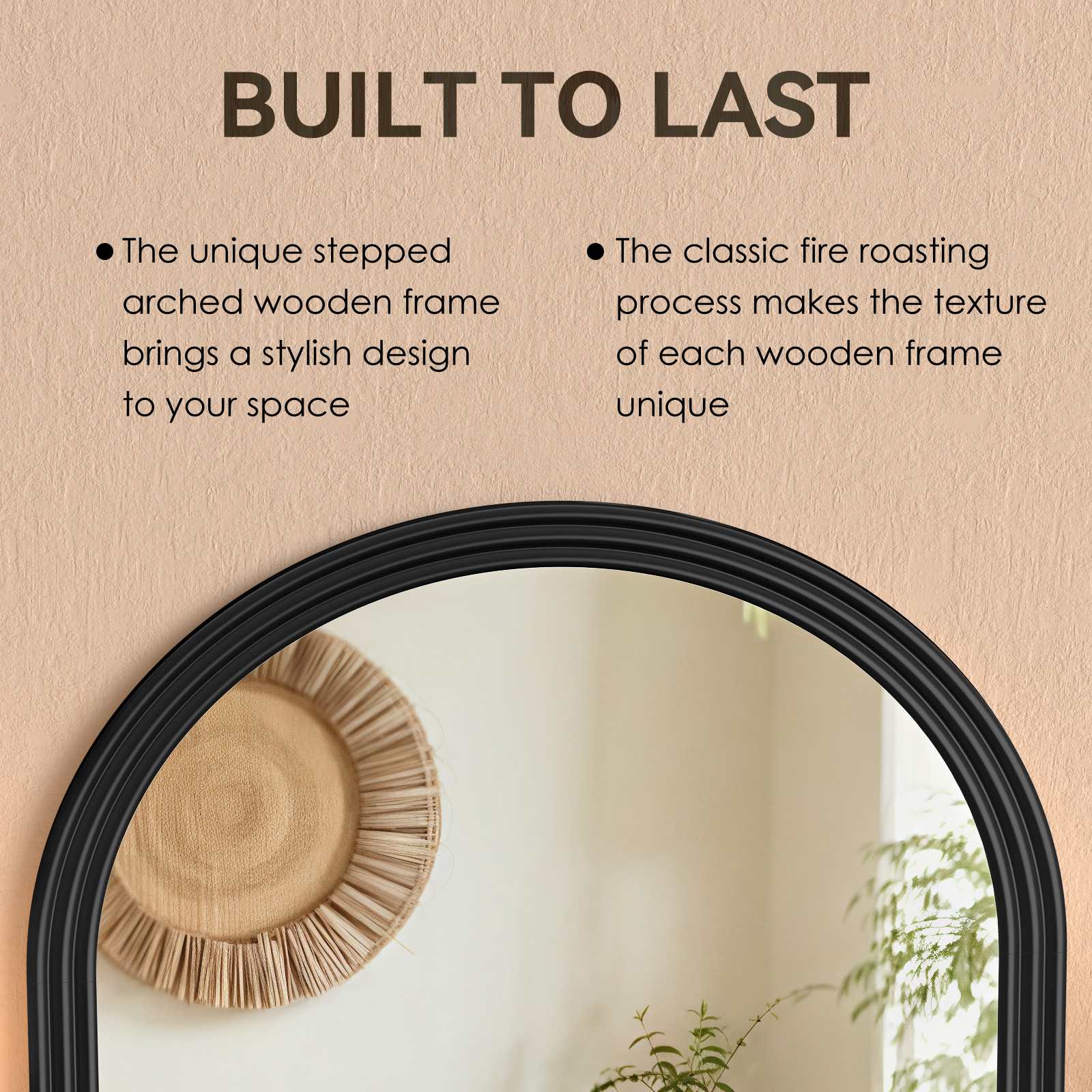 Miroir sur pied, miroir arqué pleine longueur, cadre en bois, miroir de chambre 160*50cm avec support, noir - 7