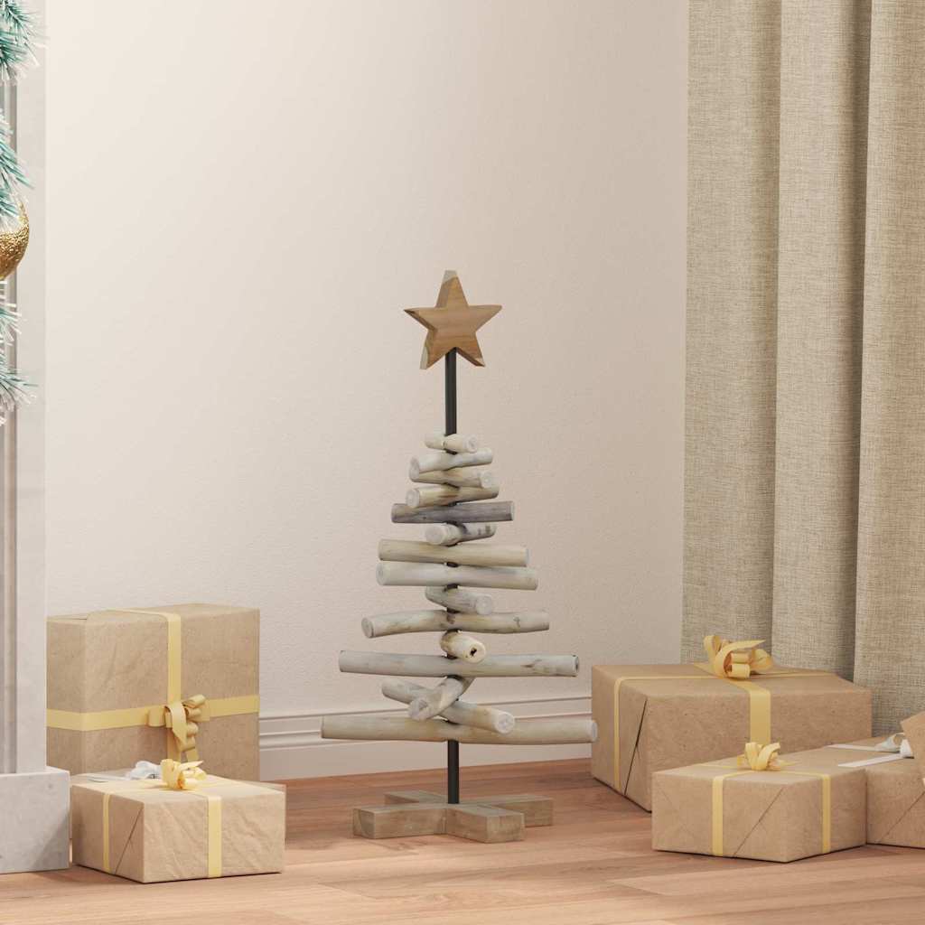 Albero Di Natale In Legno Teak Massello - Altezza 60 Cm, Base 23x23 Cm, Decorazione Rustica Per Interni