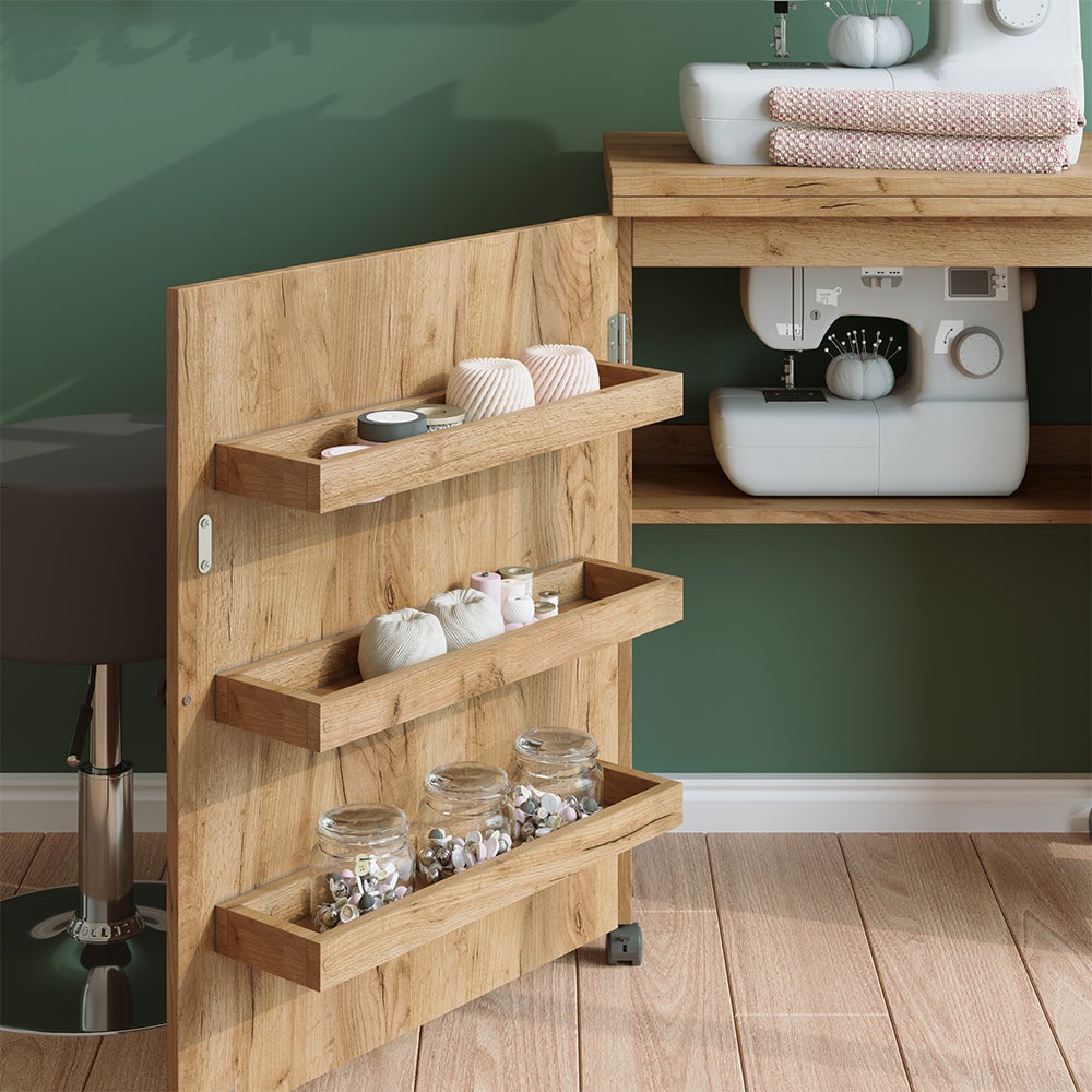 Vicco table de couture Carmen, Chêne, 118x77.5cm avec 3 étagères - 4