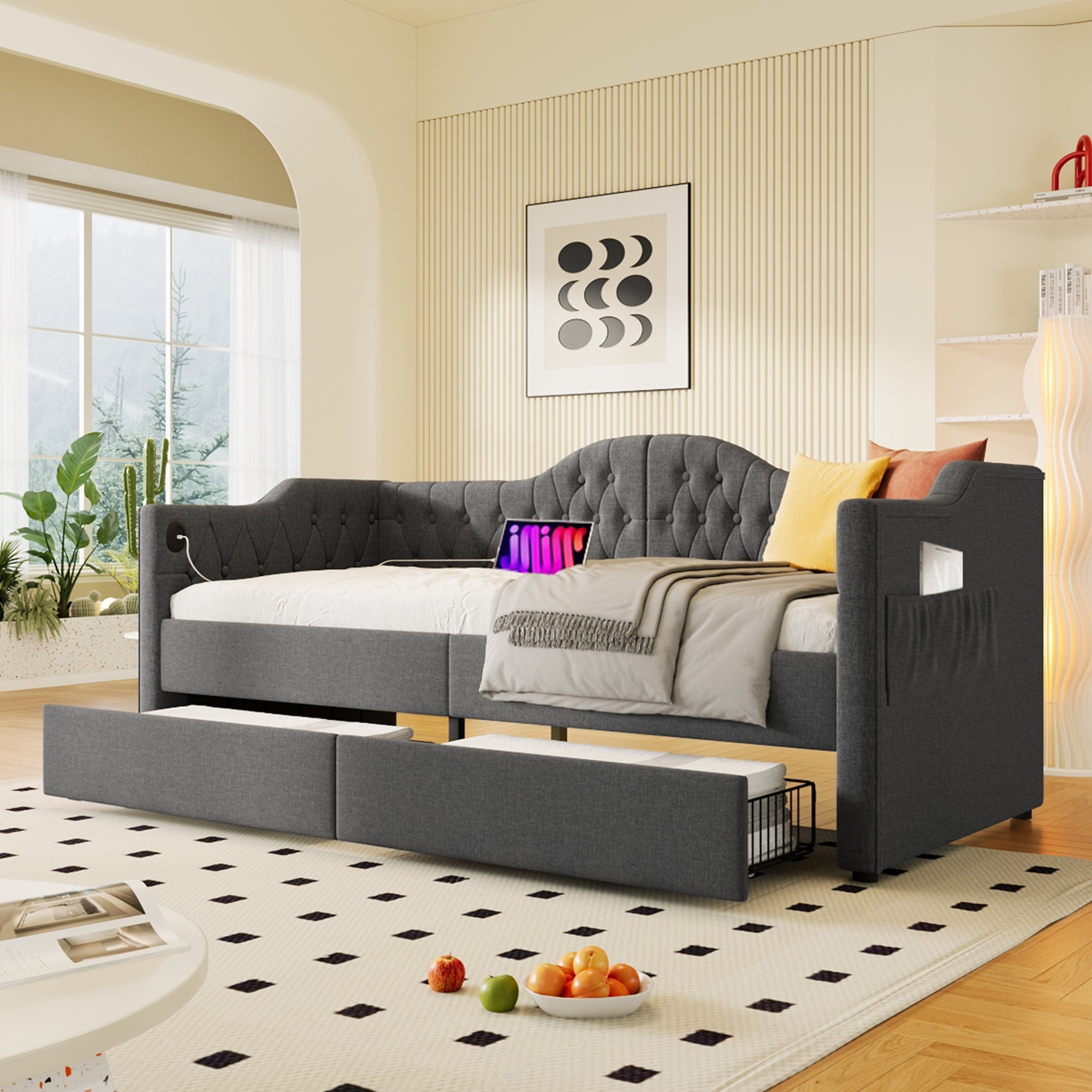 Łóżko tapicerowane, rozkładana sofa 90x190 cm, z ładowarką USB typu C i 2 szufladami, szara pościel (bez materaca)