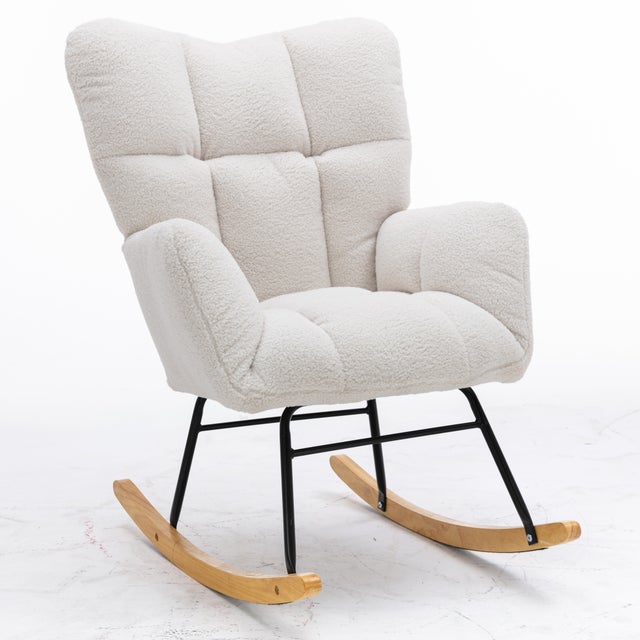 Fauteuil à Bascule Moderne, Rocking Chair avec Dossier Haut et Assise Rembourrée, Tissu Teddy Blanc - Pour Salon/Chambre