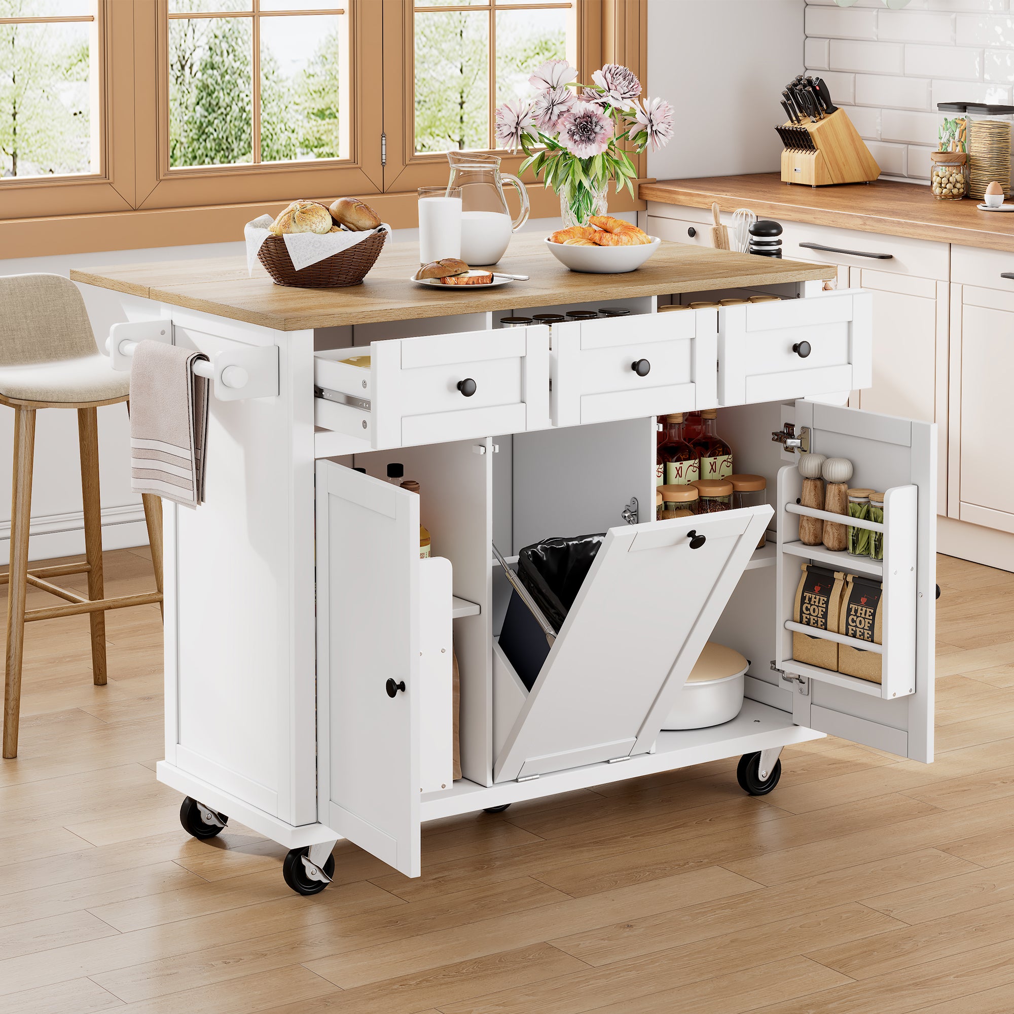 Ilot central de cuisine mobile 126x46.8x94.2cm - avec roulettes - 3 tiroirs et 3 portes - plateau extensible - avec porte-serviettes - blanc - 2