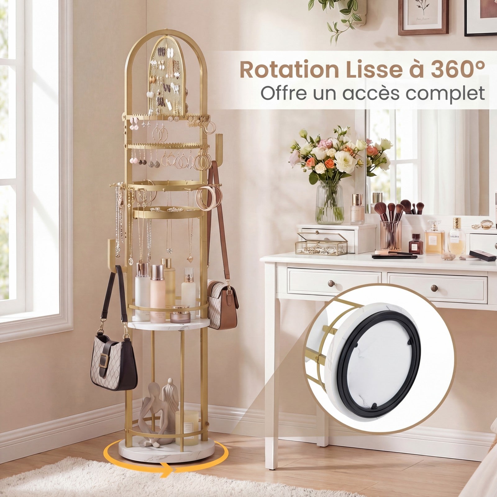 Support de Bijoux sur Pied Rotatif à 360° , Présentoir à Bijoux avec Porte-Boucles d'Oreilles, Colliers et 3 Étagères, Arbre de Rangement, Blanc - 4