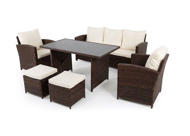 Sofa + Mesa + 2 Sillones+ 2 pufs de Ratan PE. Muebles de Jardin y Terraza, Marron