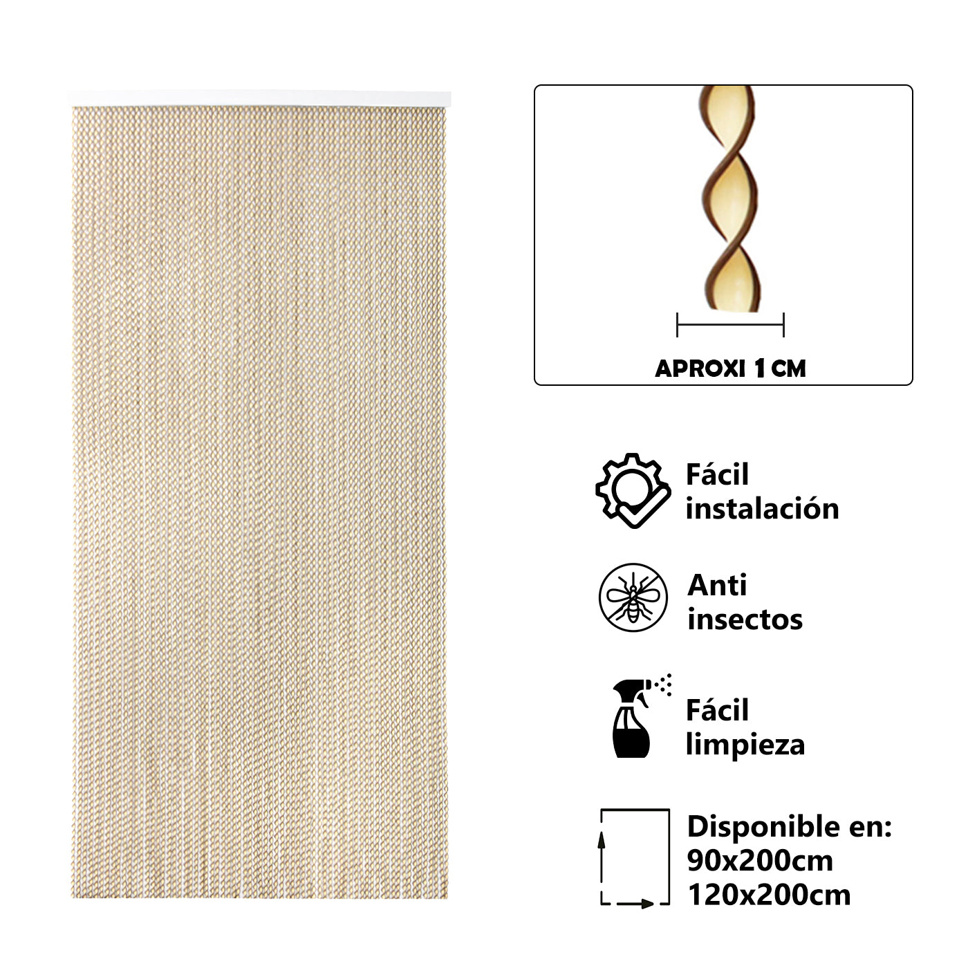 Aitsse- cortina espiral de pvc para puerta exterior o interior (200x120cm, beig+filo marron r1)