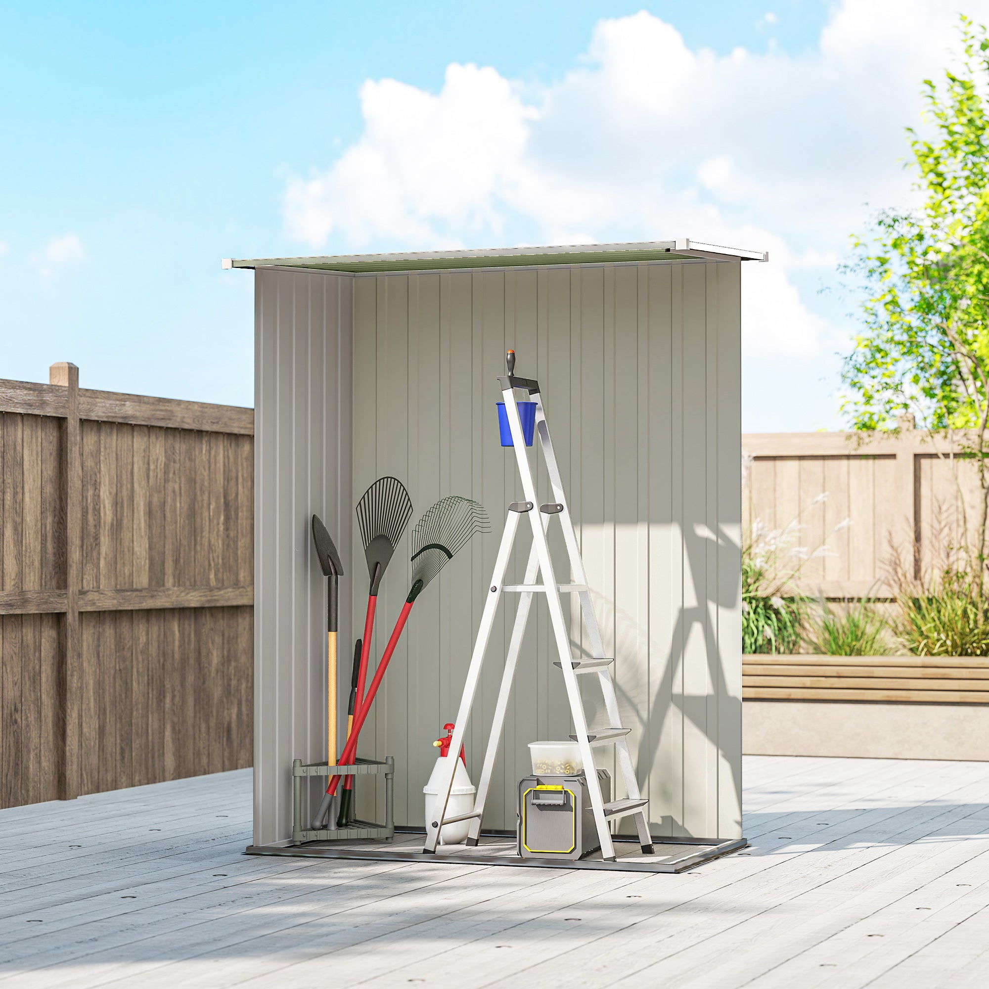 Cet abri de jardin en métal a une superficie de 1,07 mètre carré, un toit en pente, une porte verrouillable et un abri à outils. - 9