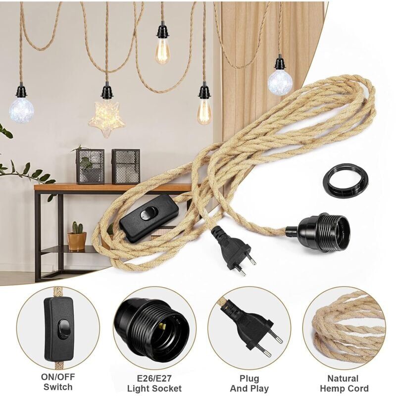 4.5M Câble électrique en lin 2 Conducts, avec E27 Douille et Interrupt, pour DIY Lampe(sans ampoule) - 3