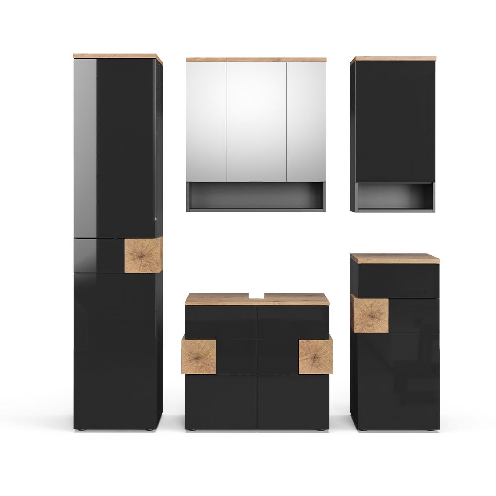 Set Mobile Bagno LIBATO Con Specchio Luminoso E Armadietto Alto - 120 Cm Bianco Lucido, Made In Germany, Doppio Lavabo Con Cassetti Soft-close