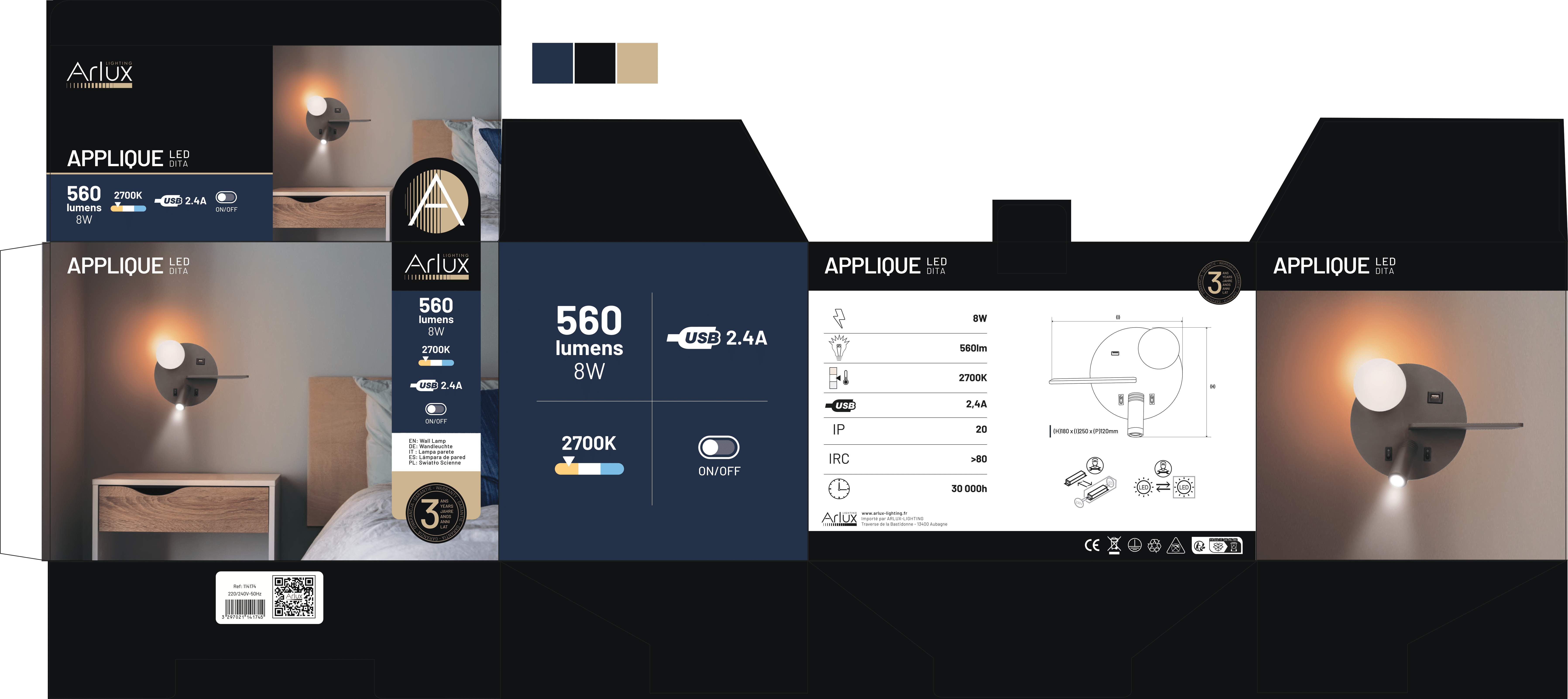 APPLIQUE LISSEUSE GAUCHE 5W/2700K/350lm/USB2,4A/Anthracite+ 3W/21 - 4