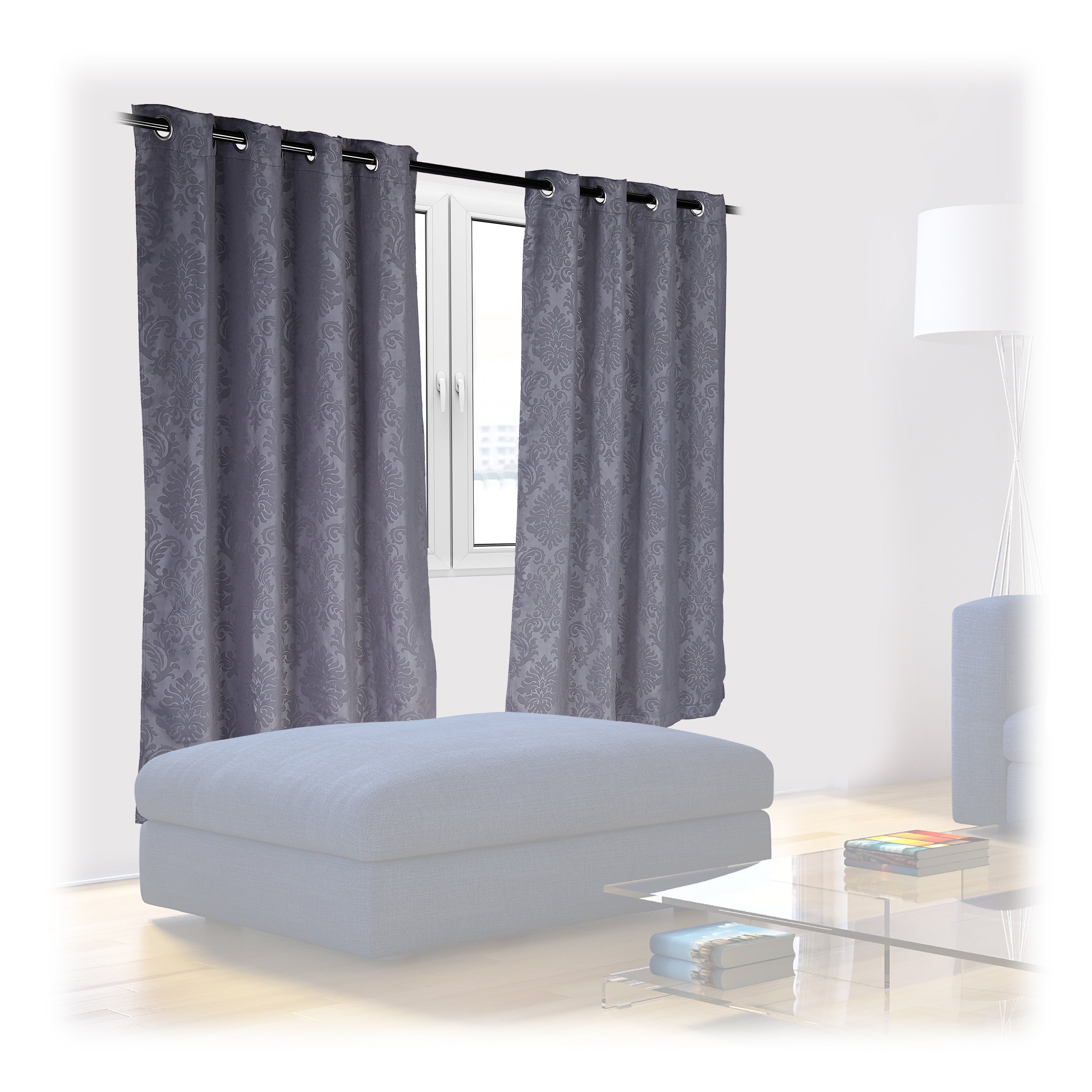 Relaxdays set de 2 cortinas, 175x135 cm, opacas, oscuras, estampado barroco, sobrecortinas para control de luz, gris