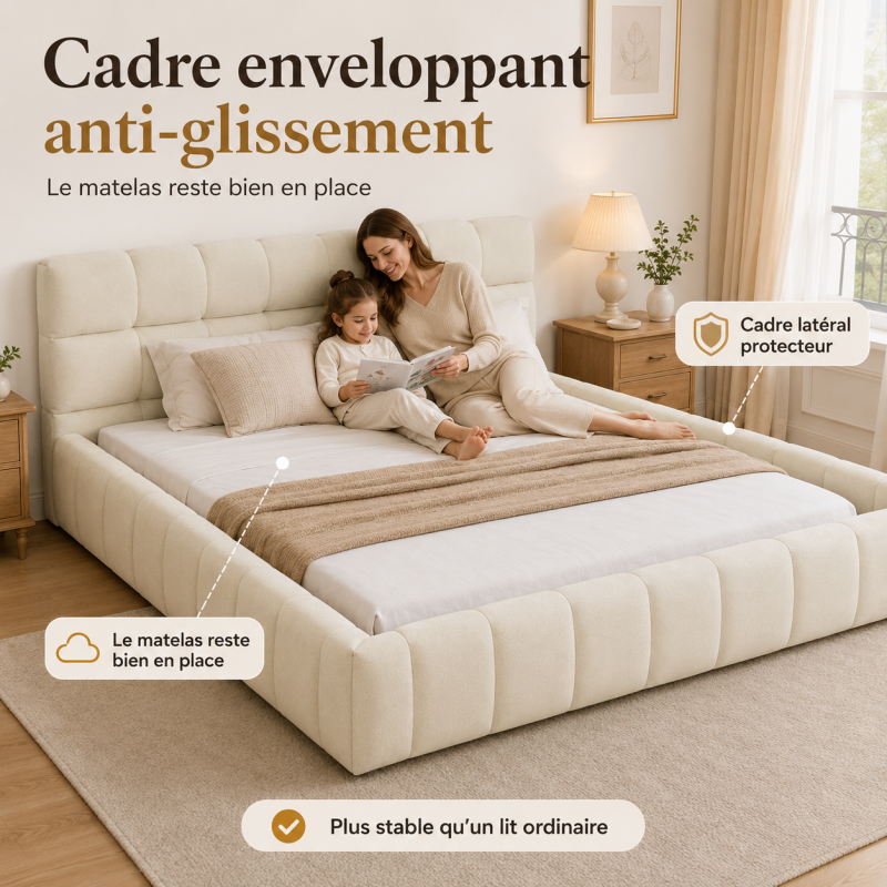 lit bubble 140x190, cadre de lit pour adulte, lit deux personnes, lit double, Lit rembourré 2 places en lin, beige, sans matelas - 3