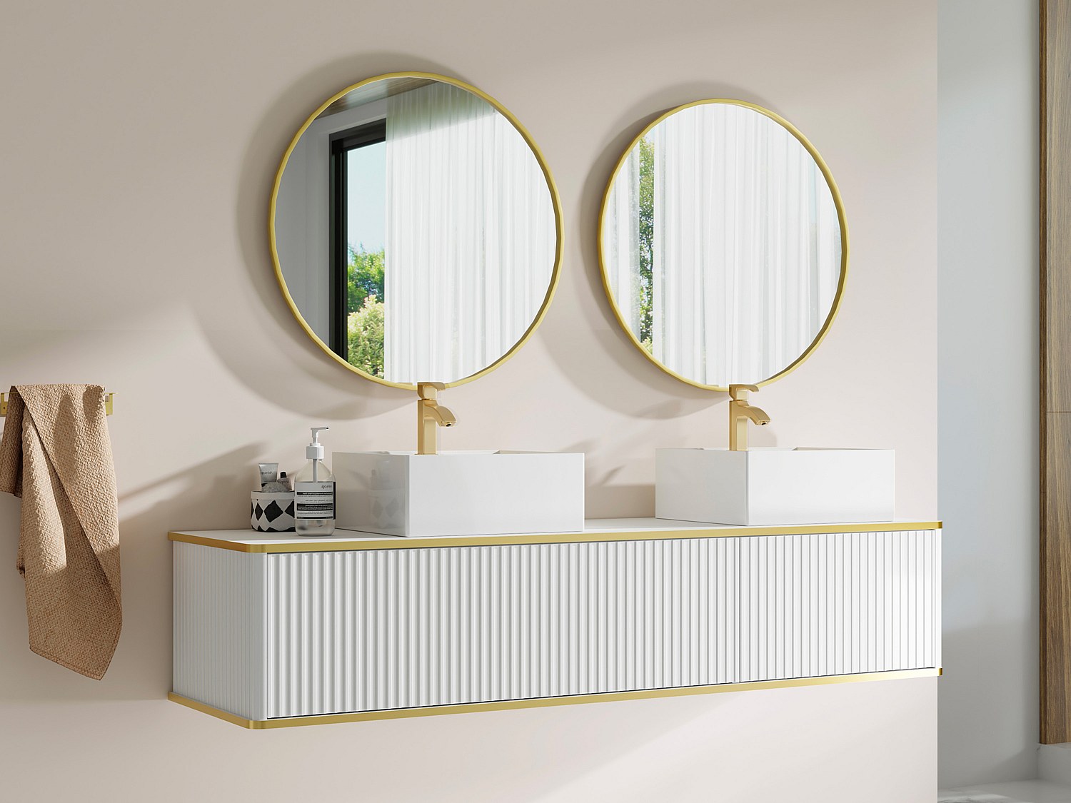 Szafka podumywalkowa wisząca prążkowana ze złotym obramowaniem z 2 szufladami - Biała - 150 cm - KELIZA