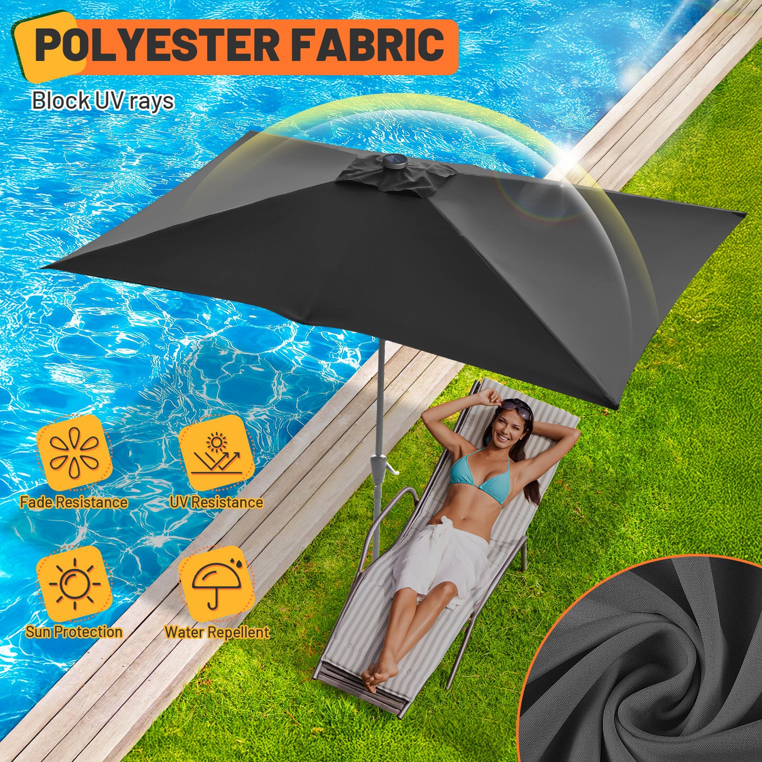 Parasol terrasse 2 × 3 m avec LED – Parasol extérieur rectangulaire, gris - 3