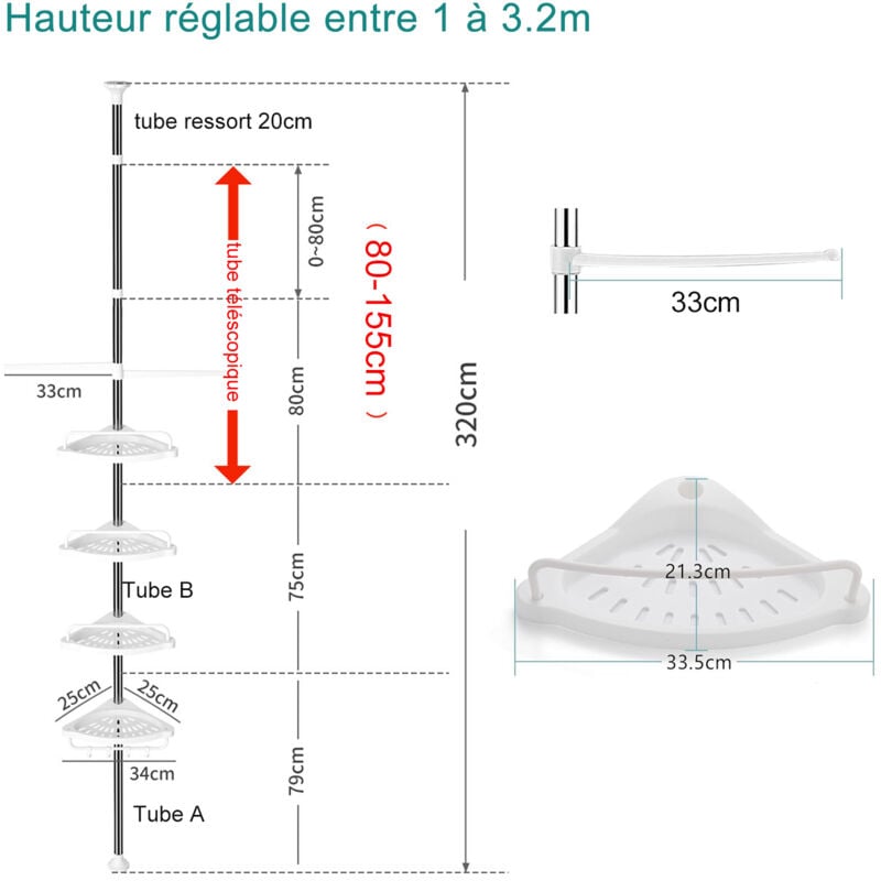 100-320cm Étagère d’Angle de Douche Téléscopique Sans Percage avec 4 Paniers et 2 Porte-Serviettes pour Baignoire et Salle de Bain Blanc - 3