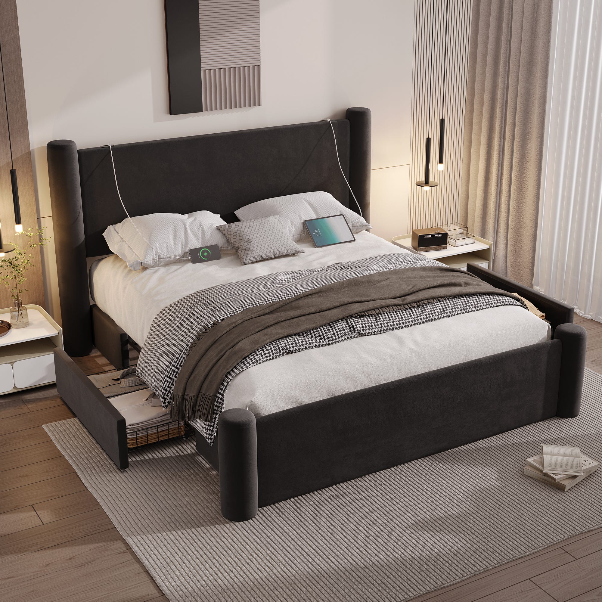 Rtopsu Letto Imbottito Letto Matrimoniale 160x200 cm con Illuminazione a LED e USB Type C, Letti con Contenitore Testata e Cassetti, Struttura Letti con Doghe in Metallo, Lino, Grigio, Senza Materasso Rtopsu Letto Imbottito Letto Matrimoniale 160x200 cm con Illuminazione a LED e USB Type C, Letti con Contenitore Testata e Cassetti, Struttura Letti con Doghe in Metallo, Lino, Grigio, Senza Materasso