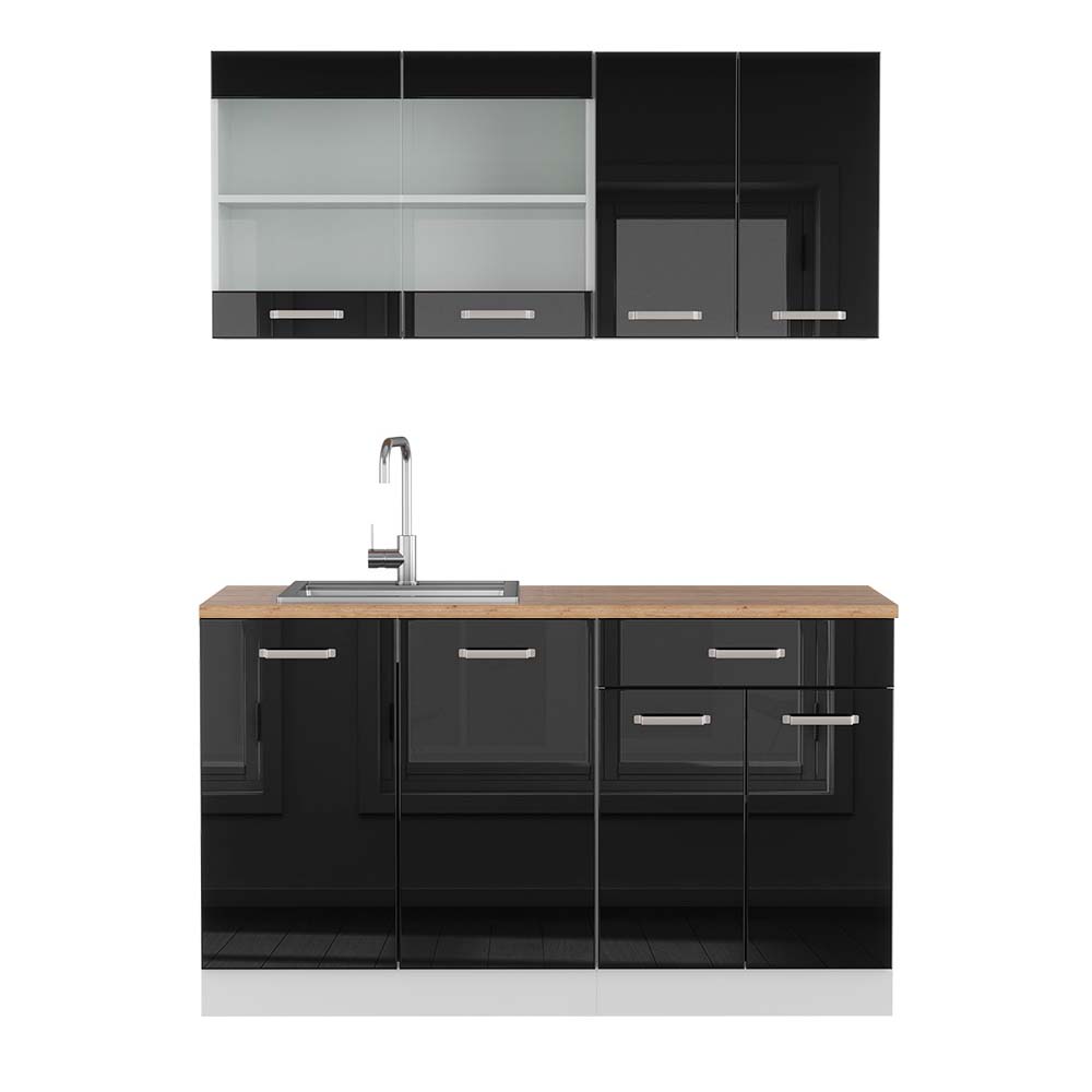 Vicco Pojedyncza kuchnia R-Line, Czarny wysoki połysk/biały, 140 cm , BP Dąb