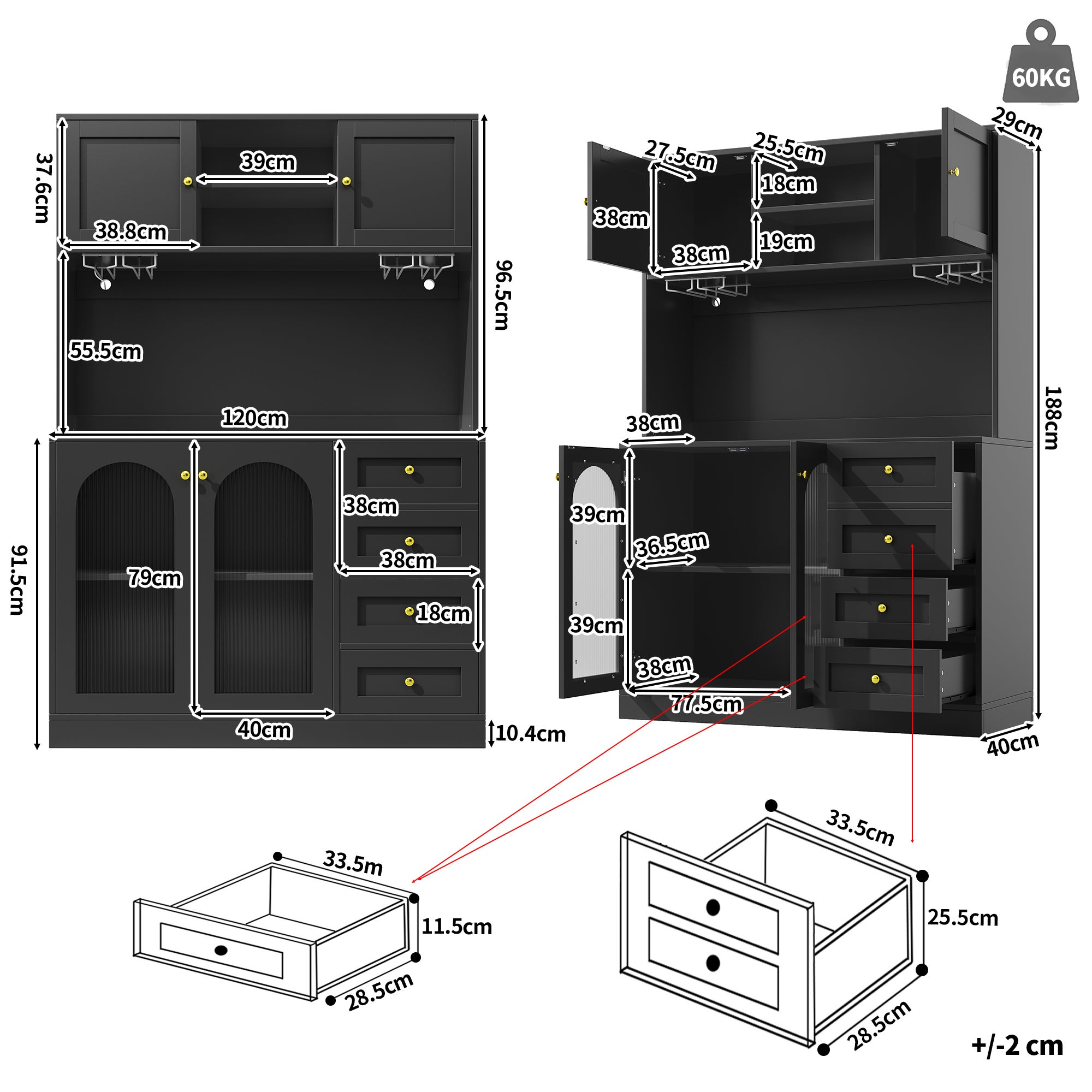 Buffet de cuisine haut avec 4 portes, 3 tiroirs et porte-gobelets - 120 x 40 x 188 cm - MDF - LEDs - Noir - 7