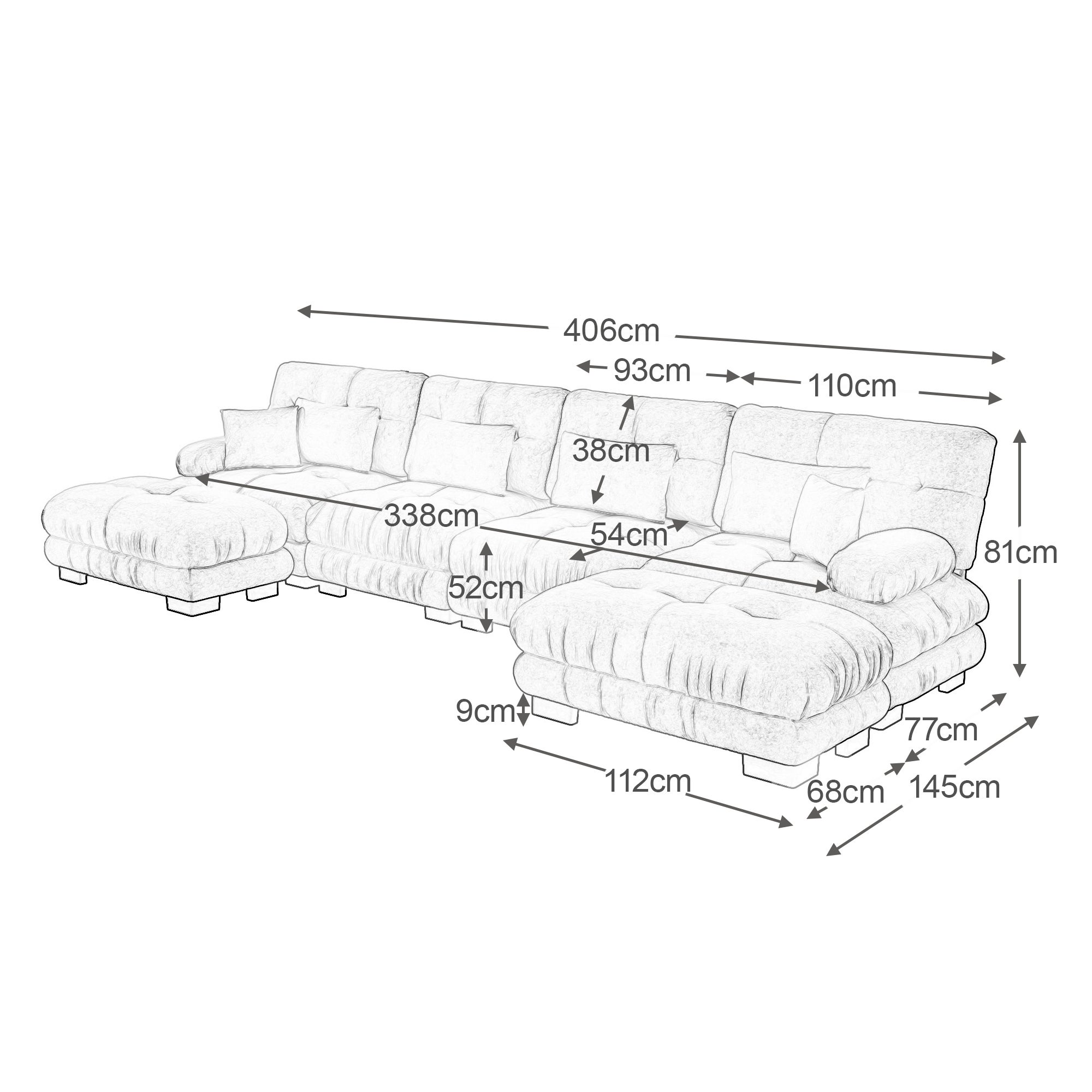 Canapé d\'angle modulable, ensemble en forme de U 4 places confortable effet nuage - avec pouf amovible - chenille marron clair - 8