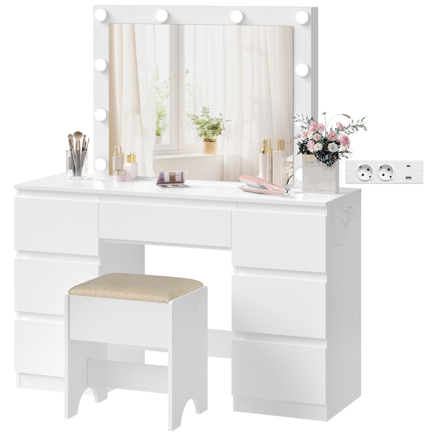 Coiffeuse Avec Miroir LED 8 Ampoules - 7 Tiroirs + Tabouret Velours - Blanc Moderne - Luminosité 3 Couleurs Réglable