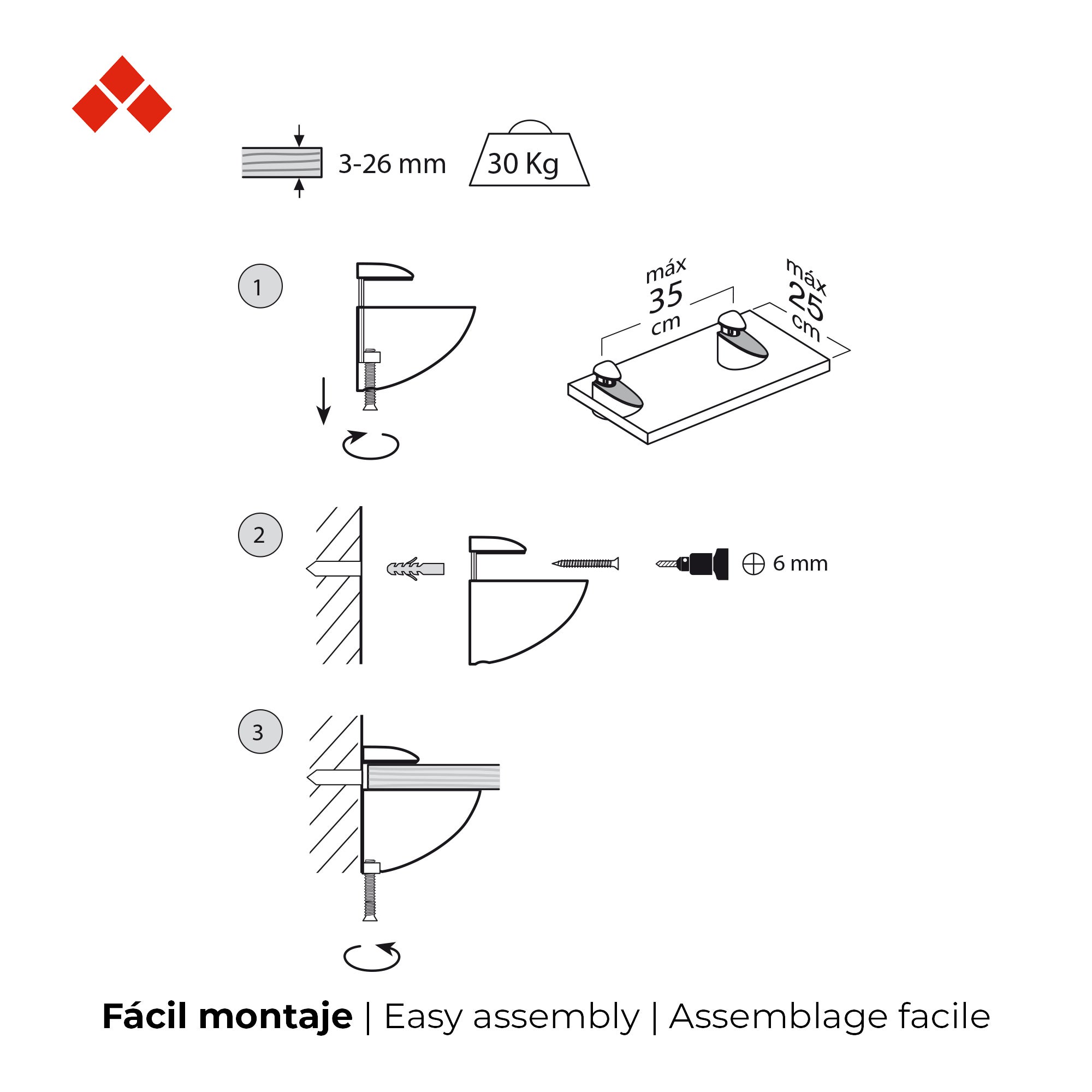Support réglable pour étagères en verre et bois | Fabriqué en Zamac | Fini chromé brillant | Pour étagères d'une épaisseur de 3 à 26 mm | Dimensions - 3