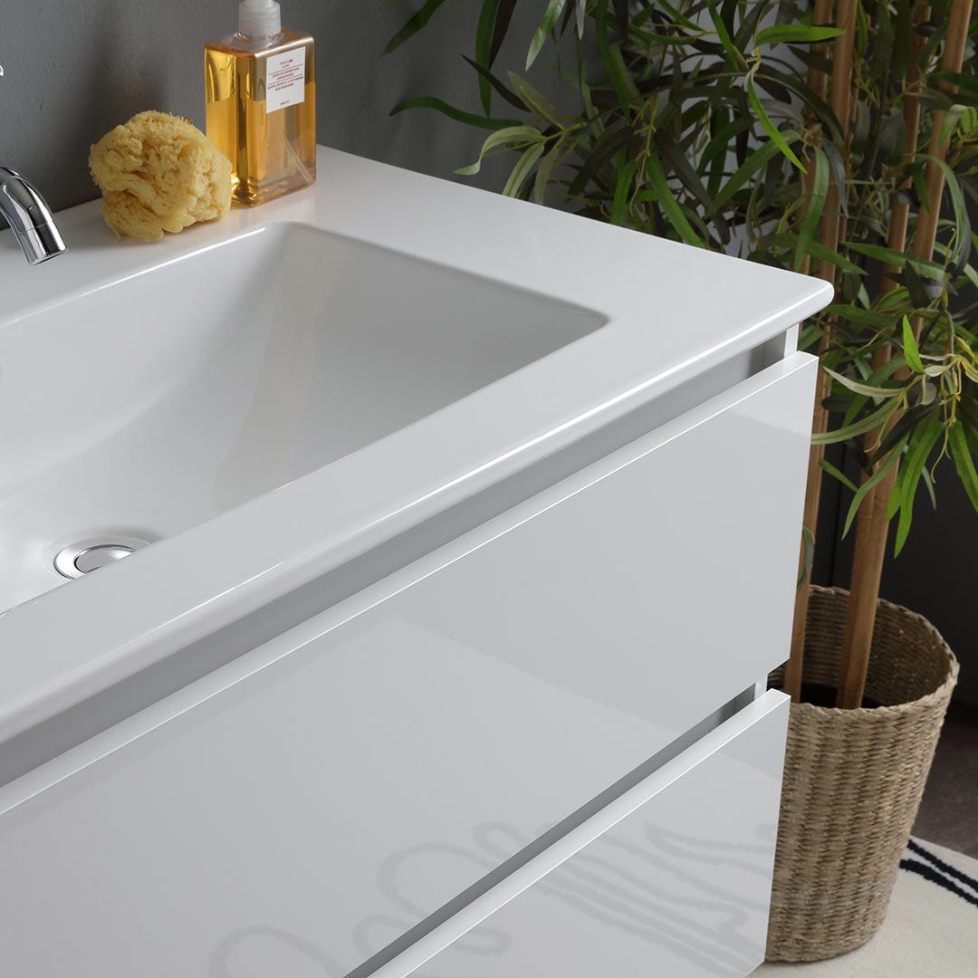 Meuble de salle de bain suspendu blanc brillant 80cm 2 tiroirs | Benaco - 5