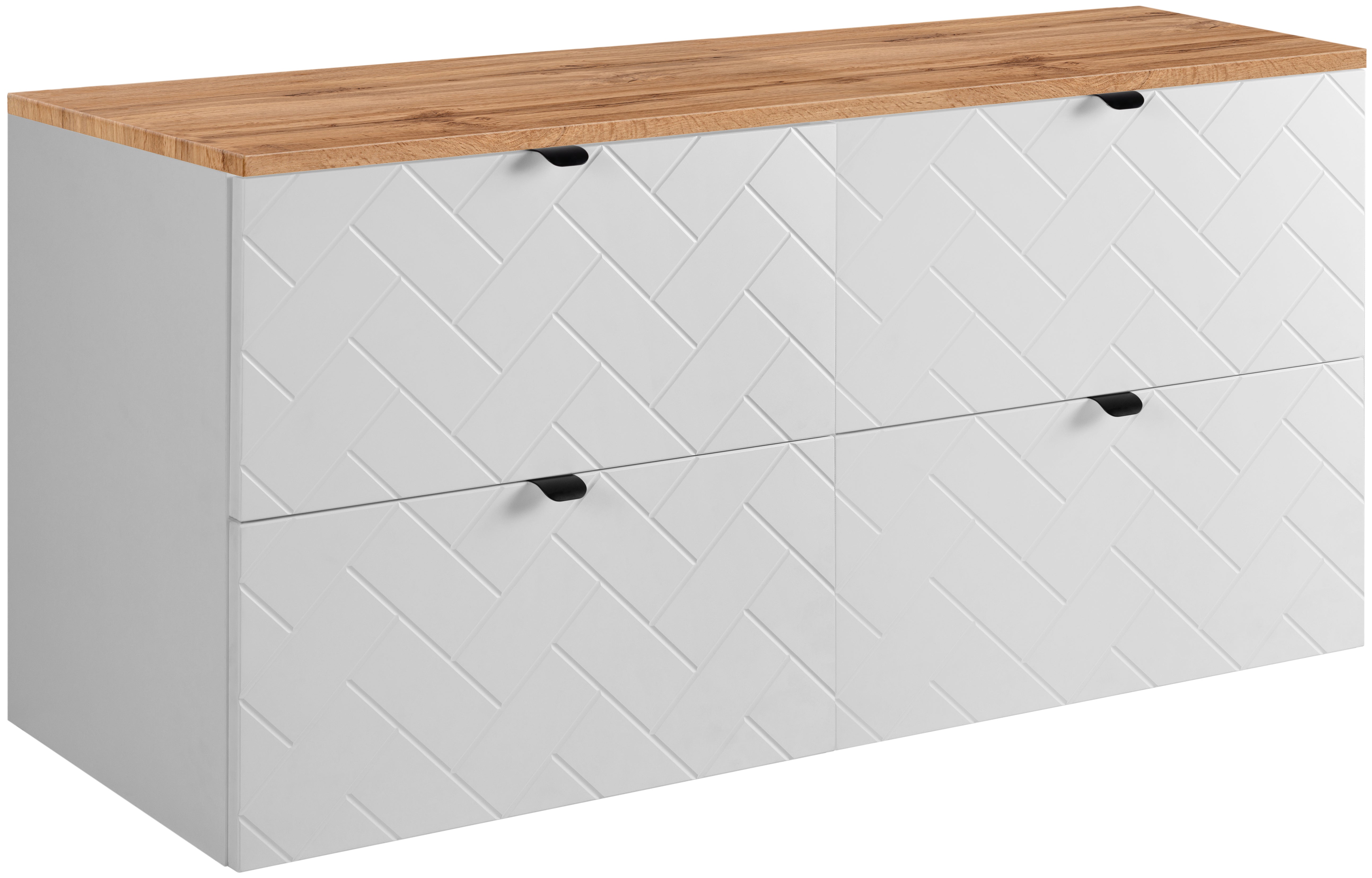 Szafka łazienkowa MADIS 120 cm biały z blatem dąb wotan wisząca frezowane szuflady