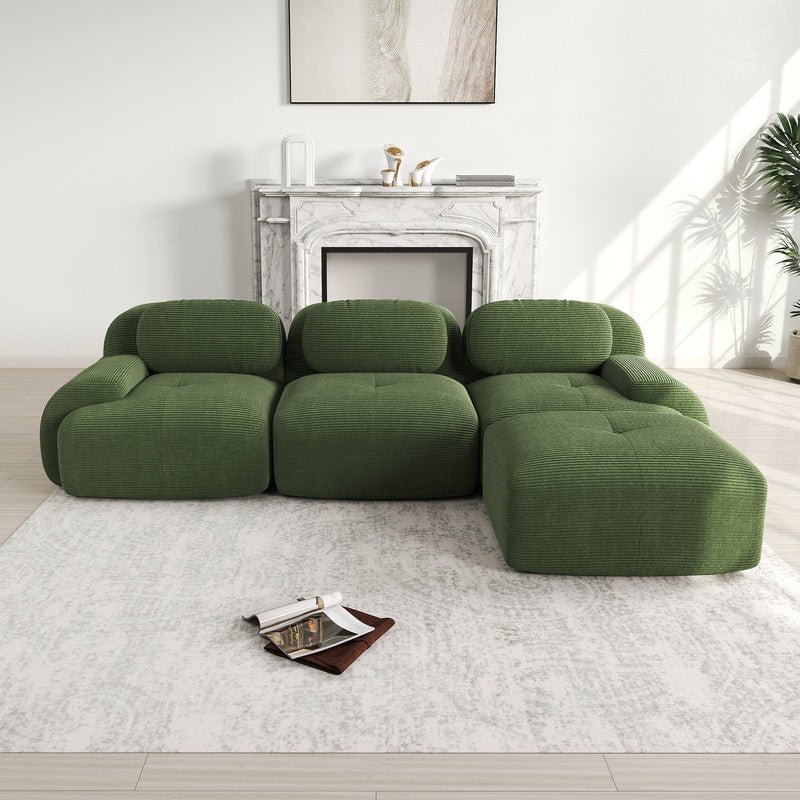 Canapé 3 places d'angle modulable - en Velours côtelé - avec 3 oreillers et pouf - 298x178x70cm - Vert - 5