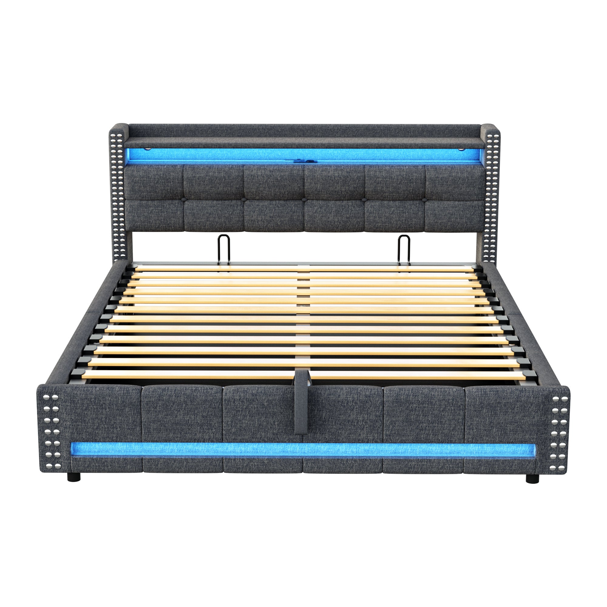 Cama con almacenaje de lino 160x200 cm - con LED y toma USB - con somier - Gris - 6