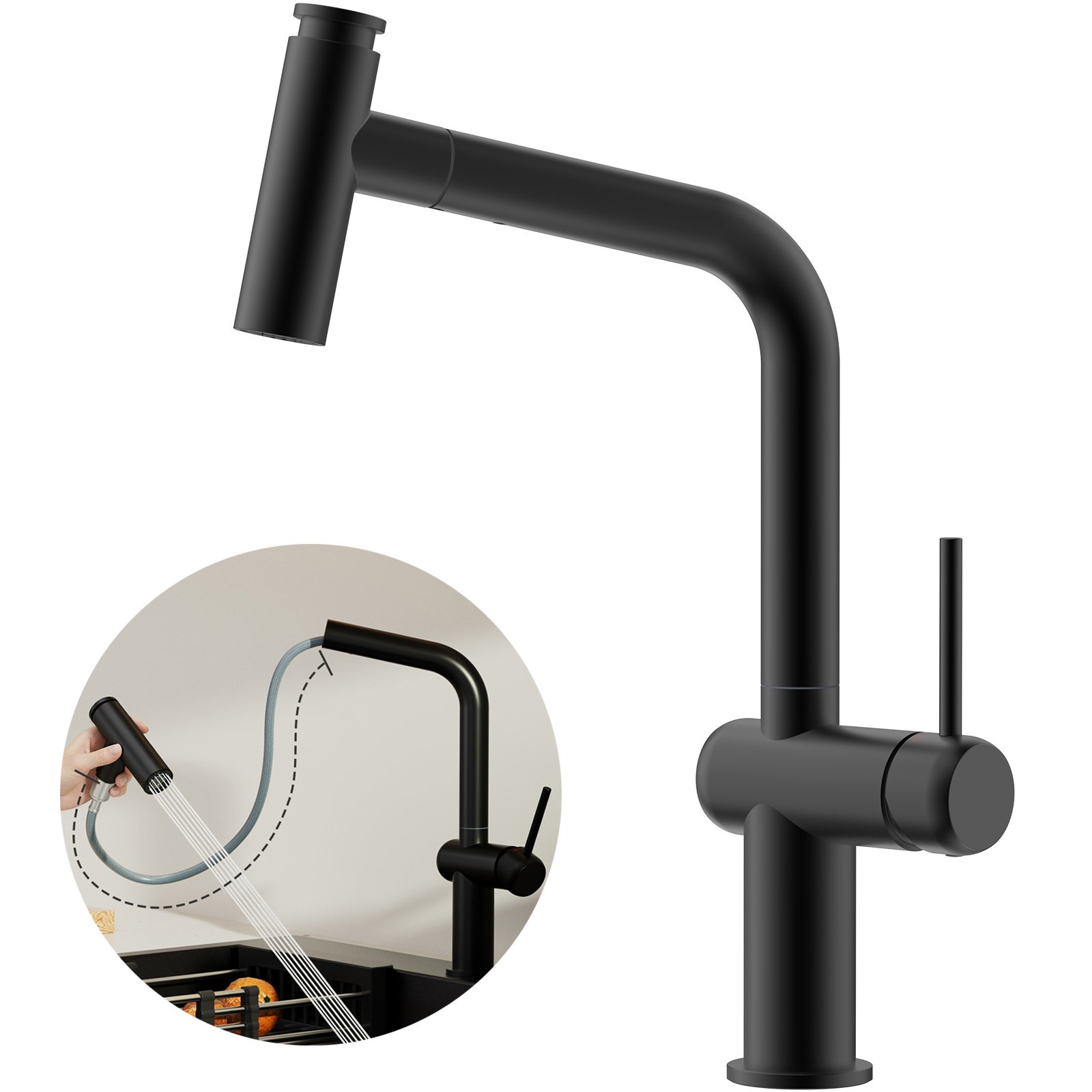 AuraLum Max Évier Cuisine en Granit 55*45*20cm,Kit de Vidage, Evier 1 Bac Noir+Robinet de Cuisine avec Douchette Extractible 2 Fonct - 4