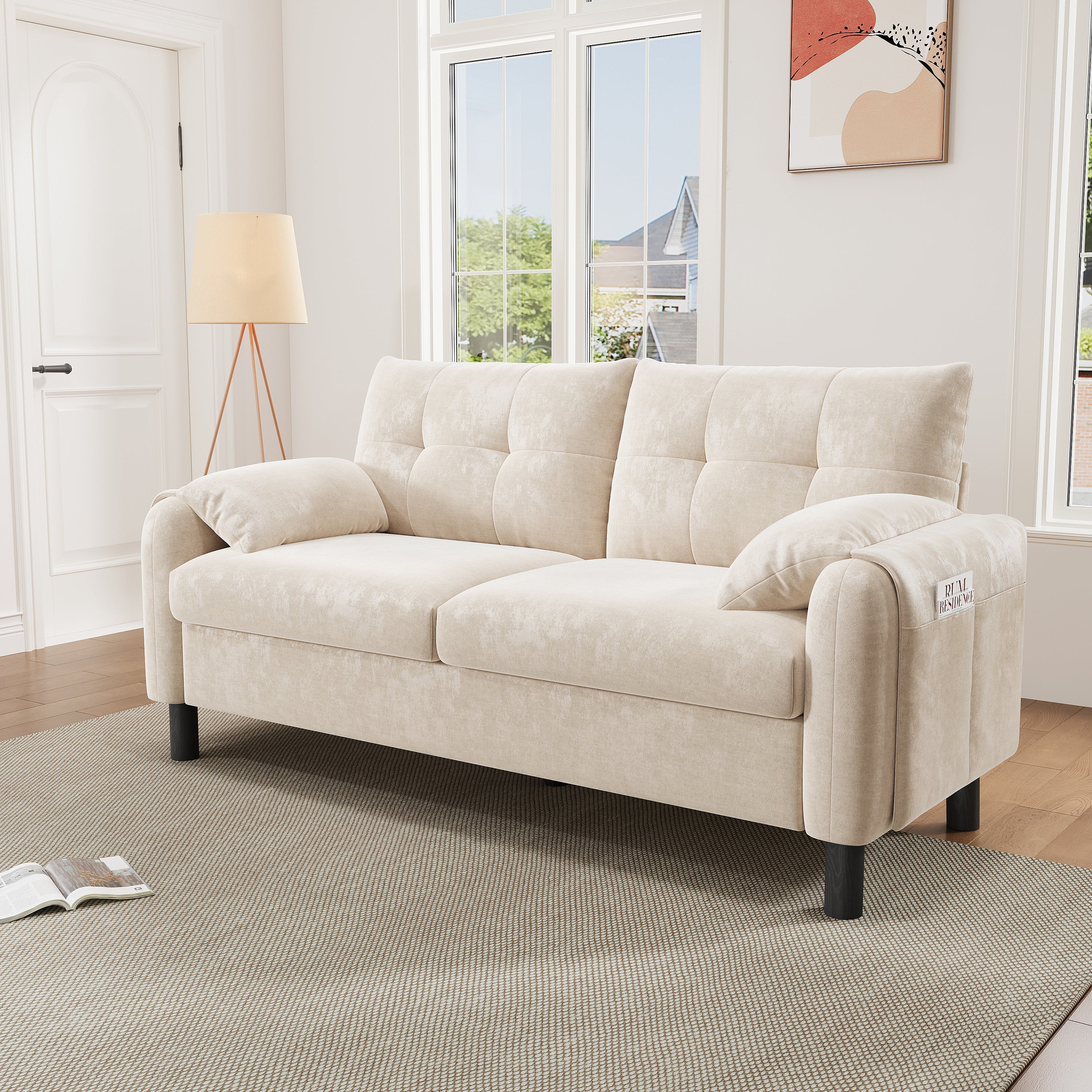 Nowoczesna sofa 2-osobowa z grubymi poduszkami - 158 x 80 x 88,5 cm - Tkanina szenilowa - Beż - 3