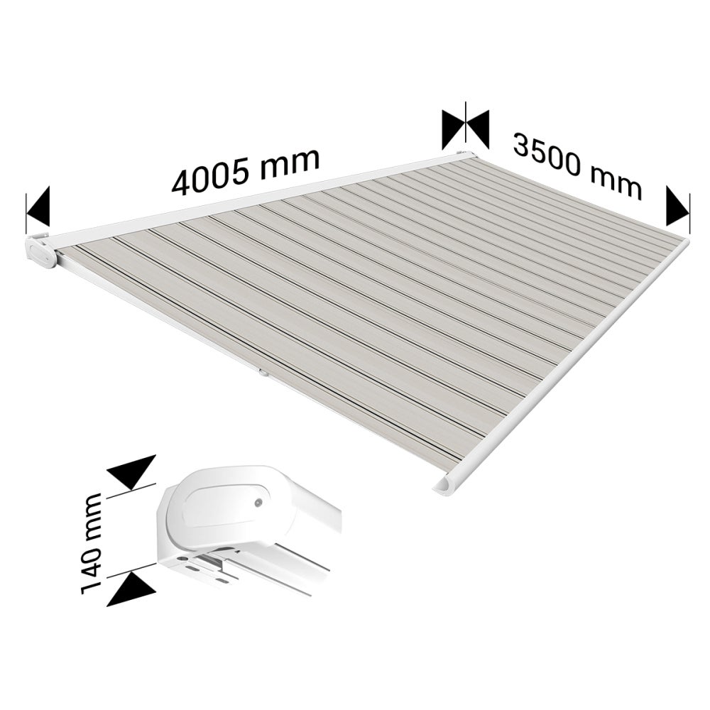 Store banne Coffre intégral PROTECT2 LED SMART Blanc 4,05x3,50m Motorisé à télécommande + Capteur Vent + LED - Toile Grise Rayée - 4