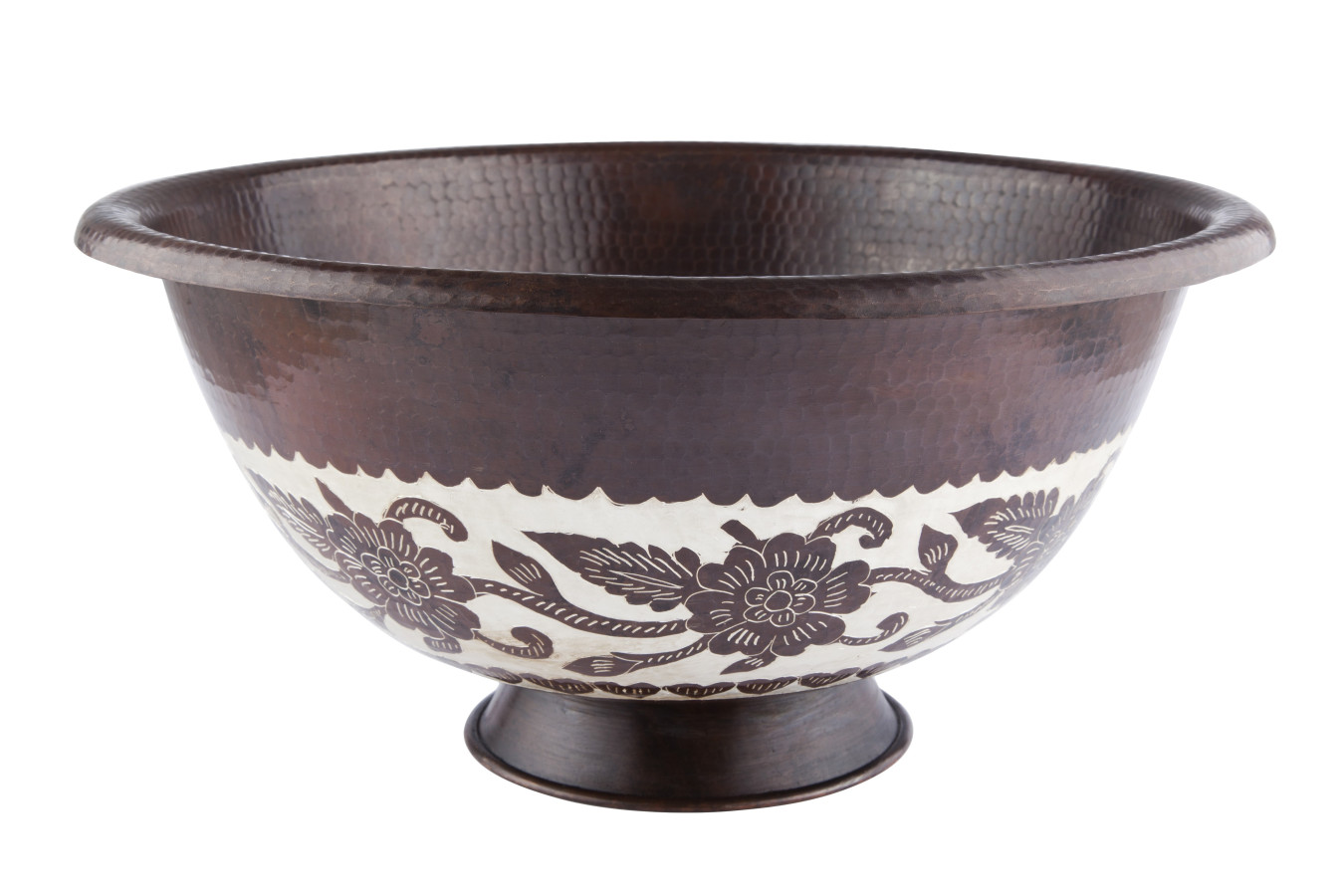 Miedziana umywalka nablatowa z Meksyku Marietta – Okrągła umywalka łazienkowa z ręcznie kutej miedzi 43x20 cm | Unikatowa miedziana umywalka