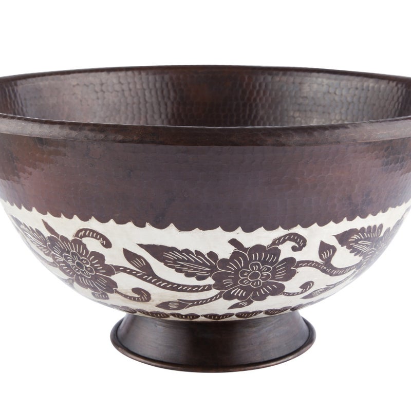 Miedziana umywalka nablatowa z Meksyku Marietta – Okrągła umywalka łazienkowa z ręcznie kutej miedzi 43x20 cm | Unikatowa miedziana umywalka