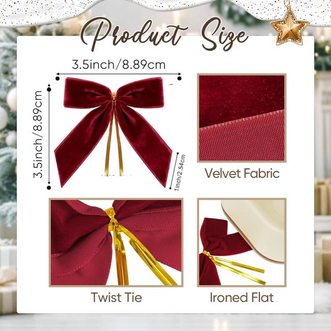 24 Arcs De Noël En Velours Bordeaux - 2.5 Cm Large, 8.9x8.9 Cm, Pour Décoration Arbre, Cadeaux, Guirlande