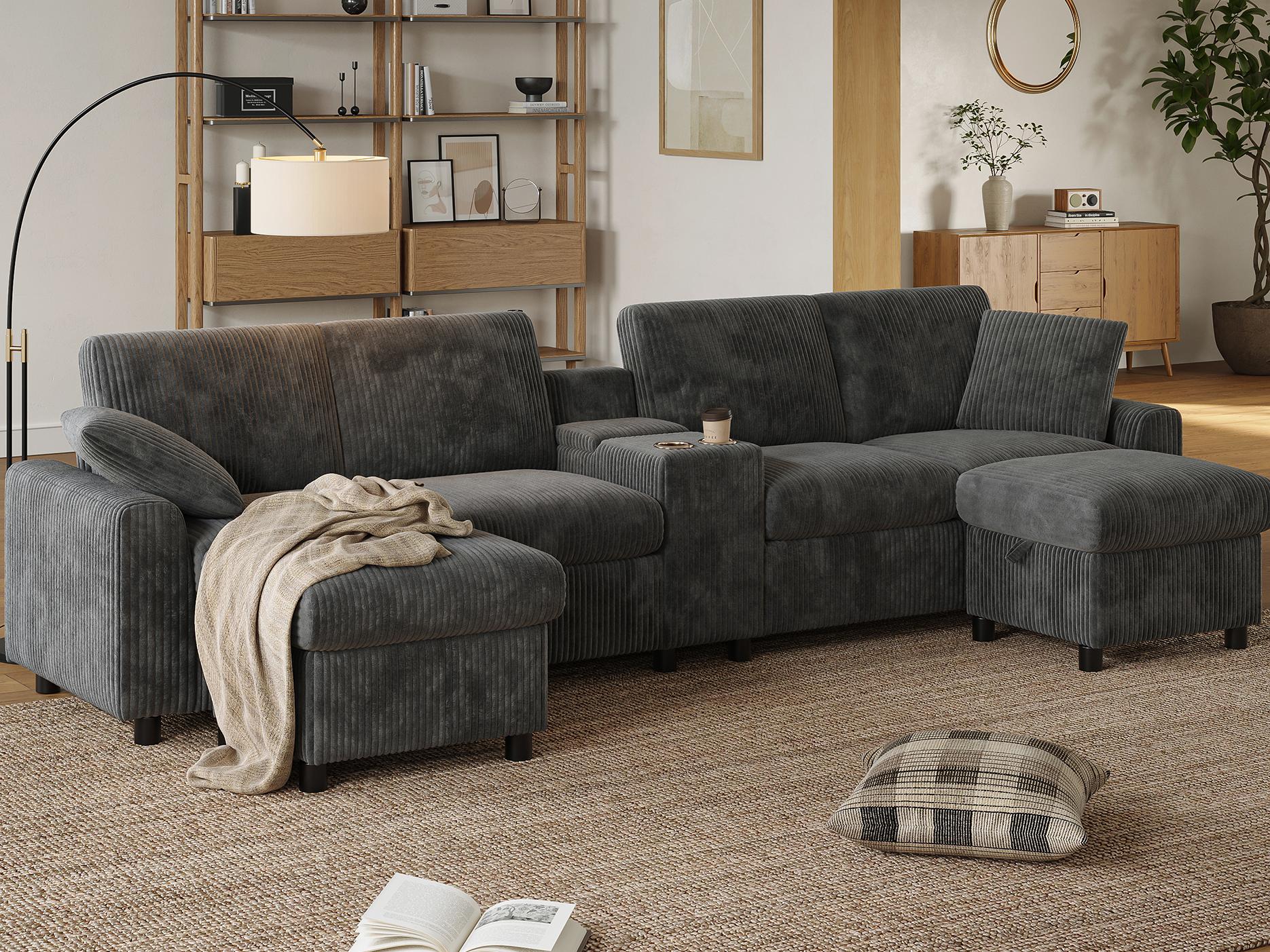 Nowoczesna sofa narożna w kształcie litery U - z portami USB i typu C - z 2 podnóżkami ze schowkiem - z 2 uchwytami na kubki - sztruks - szary