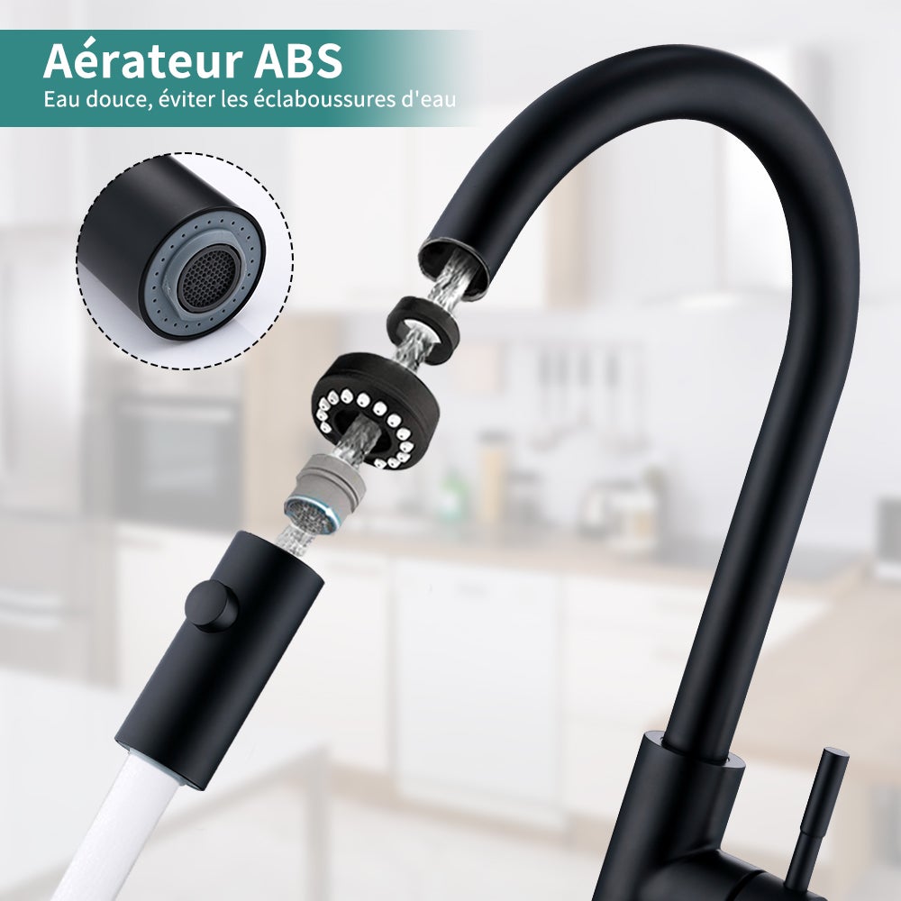 Mitigeur de Cuisine Noir Robinet d'évier avec Douchette Extractible Robinet Cuisine 2 Jets au Choix Pivotant à 360° - 5