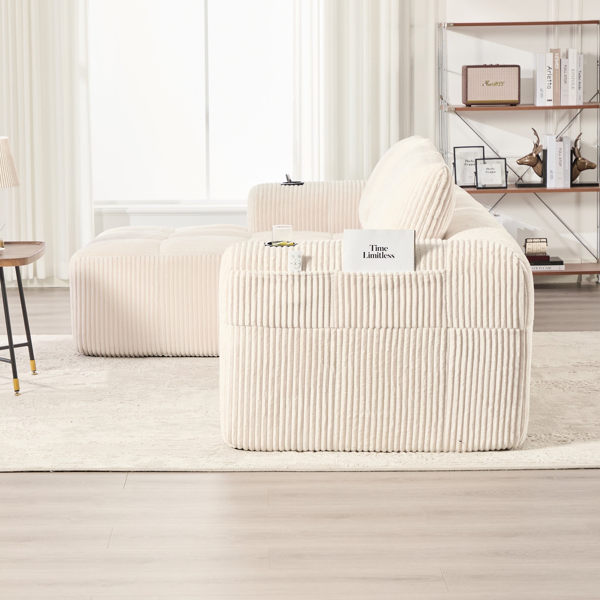 Canapé modulable 253x158x61cm en velours côtelé, Coffre de rangement latéral et porte-gobelets, 3 coussins inclus, Confort gain de place, Beige - 6